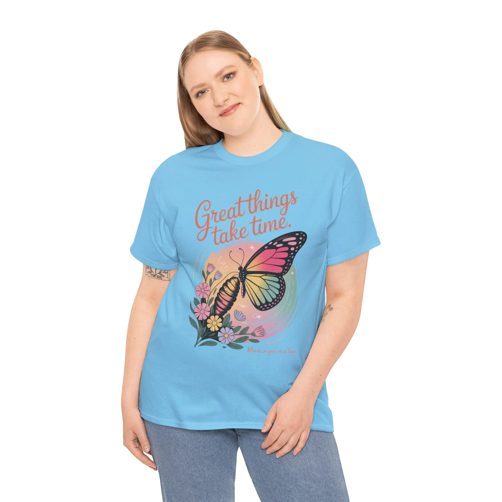 Butterfly Motivational Women's Heavy Cotton Tee, Great Things Take Time Shirt, Gift for Nature Lovers, Inspirational Apparel, Summer Outfit - Image 20