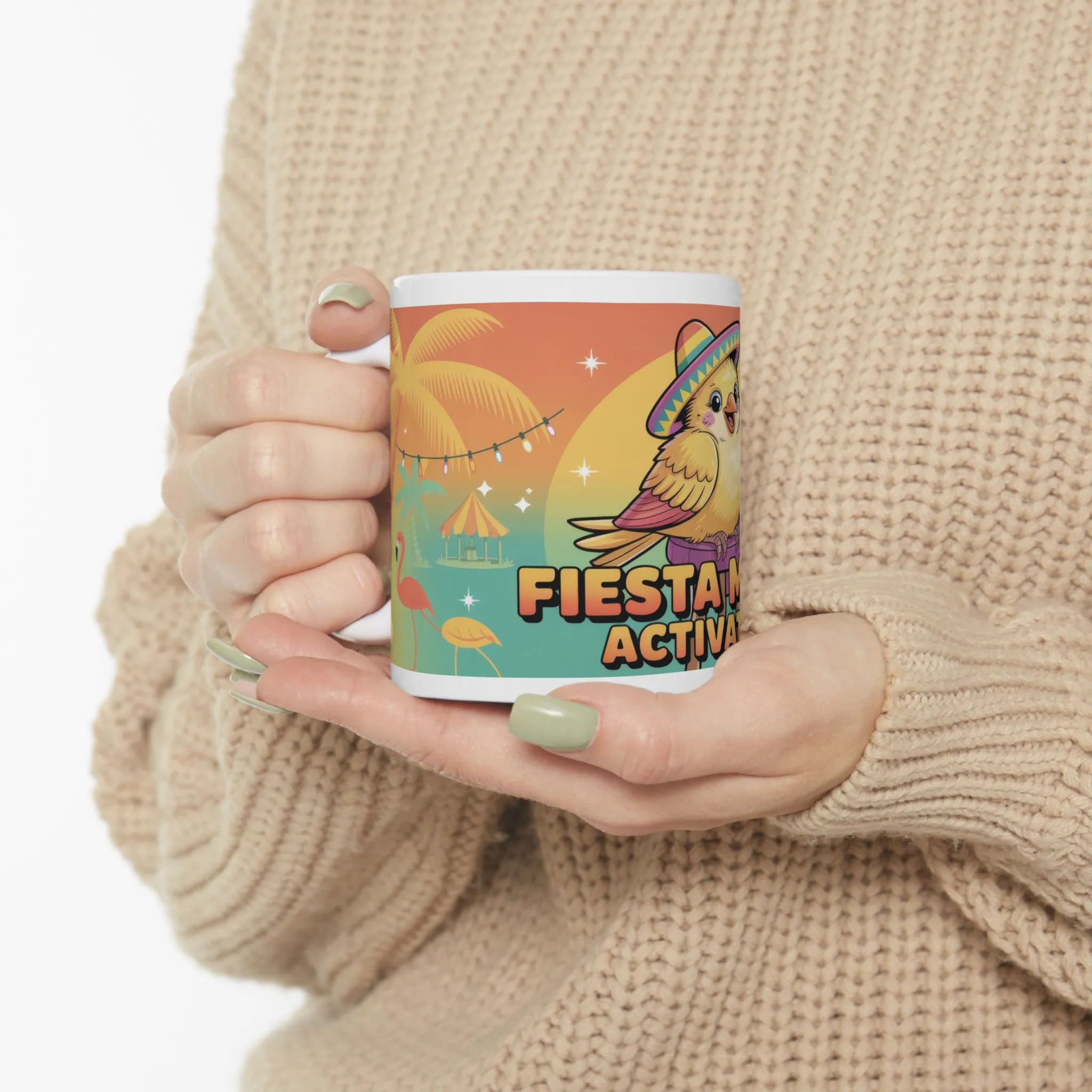 Fiesta Mode Activated Ceramic Mug, Tropical Party Bird Cup, Summer Beach Humor Gift, Colorful Vacation Coffee Mug, Funny Festive Design - Image 8