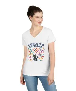 Happiness Is My Superpower V-Neck T-Shirt, Cat Lover Tee, Gift for Her, Cute Graphic Shirt, Music Enthusiast Apparel, Funny Cat Shirt