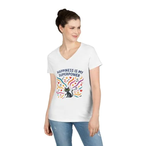 Happiness Is My Superpower V-Neck T-Shirt, Cat Lover Tee, Gift for Her, Cute Graphic Shirt, Music Enthusiast Apparel, Funny Cat Shirt