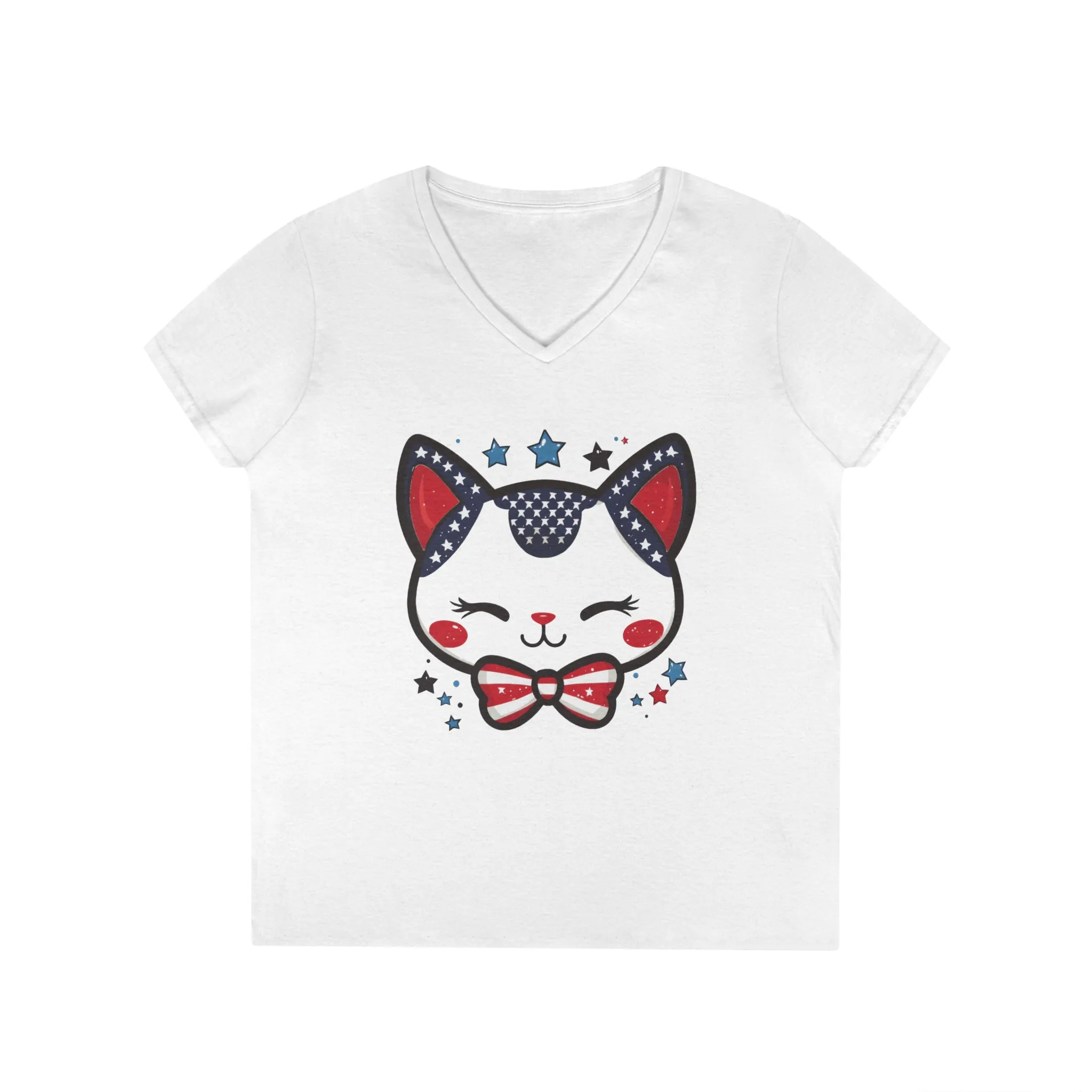 Cute Patriotic V-Neck T-Shirt, Women's Graphic Tee, Perfect for Cat Lovers, Perfect for Holidays and Fourth of July Celebrations - Image 2