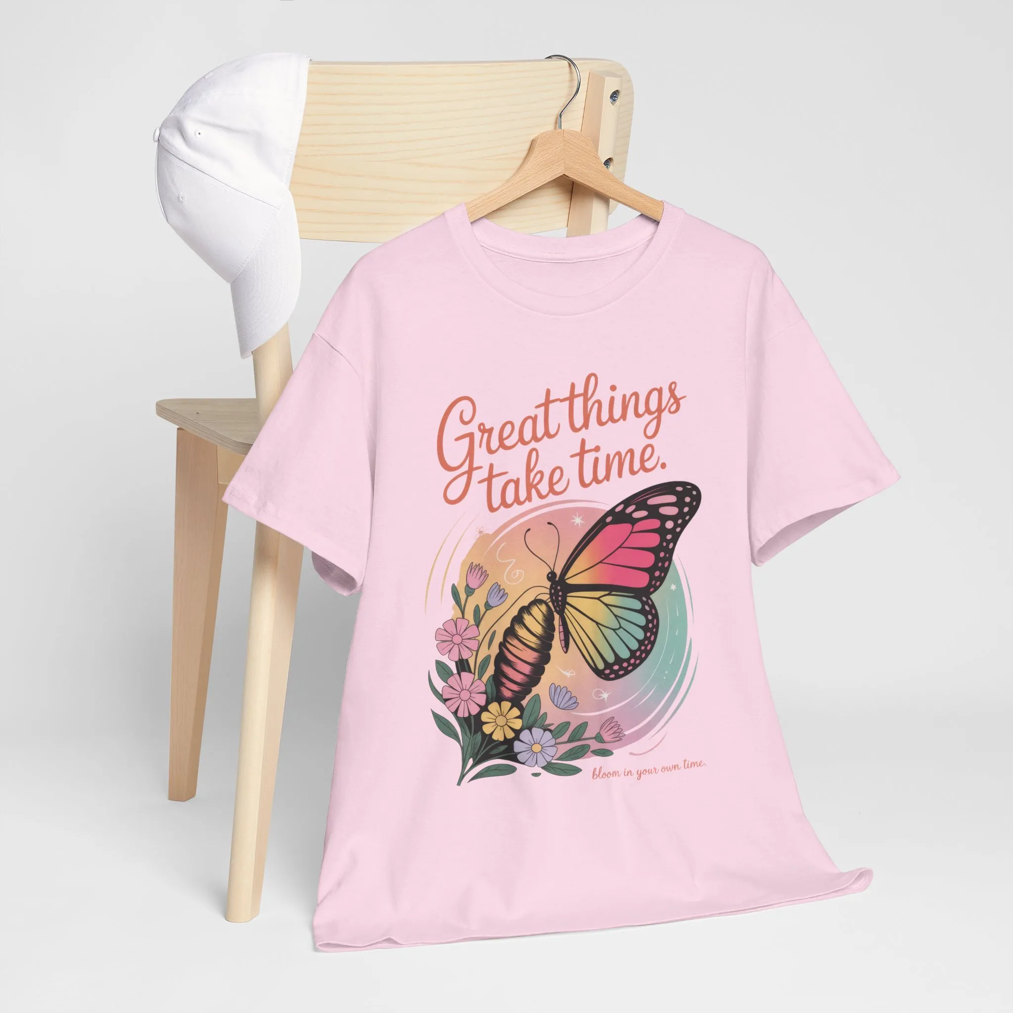 Butterfly Motivational Women's Heavy Cotton Tee, Great Things Take Time Shirt, Gift for Nature Lovers, Inspirational Apparel, Summer Outfit - Image 3