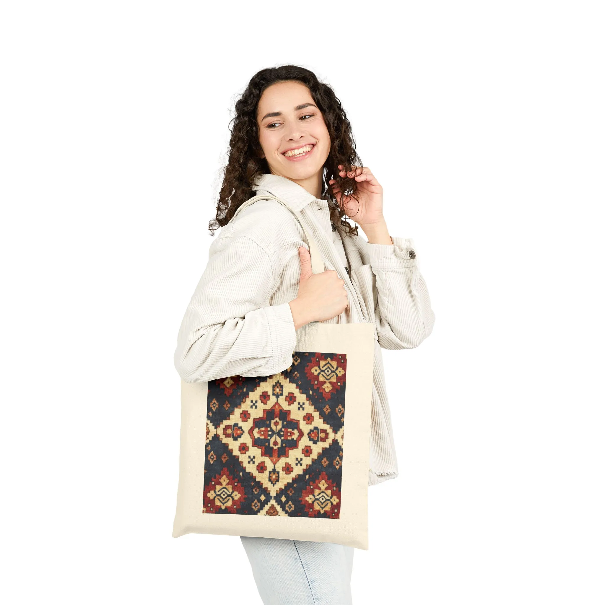Boho Cotton Canvas Tote Bag, Shopping Bag for Everyday Use, Beach, Grocery, Gifts, Sustainable Style, Traditional Turkish Carpet Pattern - Image 8