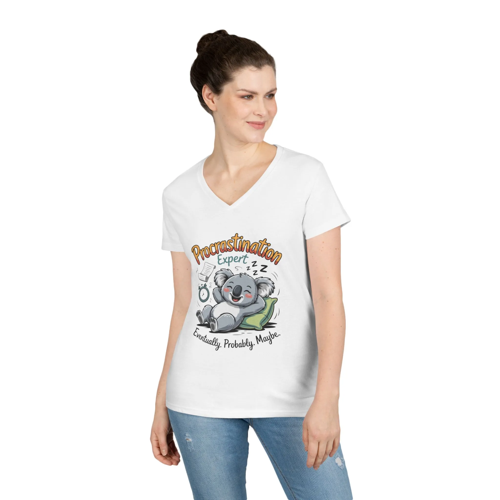 Procrastination Expert Ladies' V-Neck T-Shirt, Fun Tee for Lazy Days, Gift for Students, Casual Wear, Motivational Shirt, Cute Koala Design - Image 4