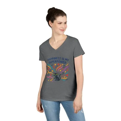 Happiness Is My Superpower V-Neck T-Shirt, Cat Lover Tee, Gift for Her, Cute Graphic Shirt, Music Enthusiast Apparel, Funny Cat Shirt - Image 9