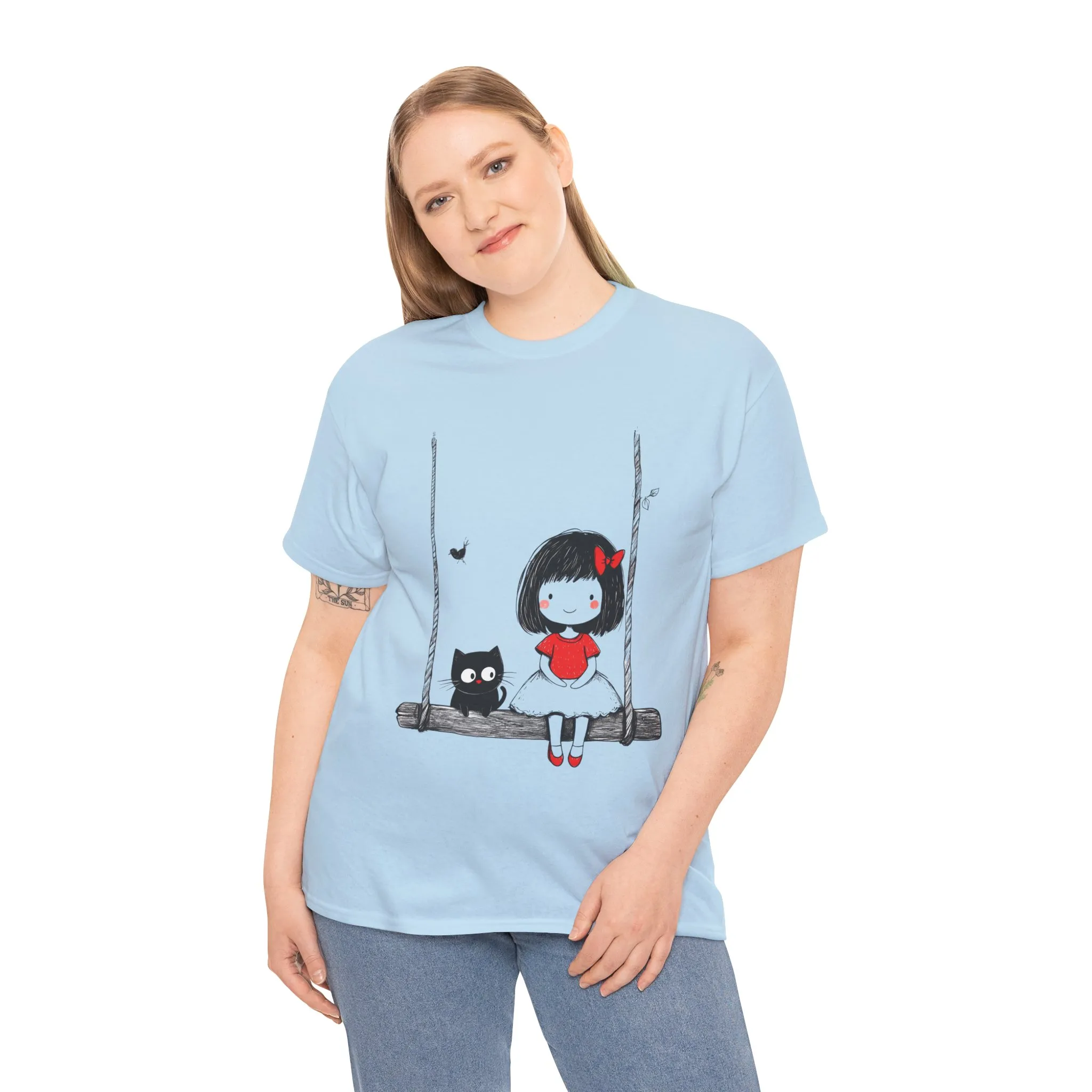 Cute Cat & Girl Graphic Tee, Playful Gift for Cat Lovers, Cat and Girl Design, Gift for Cat Owners, Women's Cotton T-Shirt - Image 17