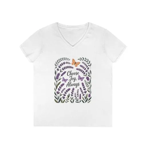 Ladies' V-Neck T-Shirt, Choose Joy Always, Positive Affirmation Tee, Floral Graphic Shirt, Inspirational V-Neck, Lavender Printed Tee - Image 2