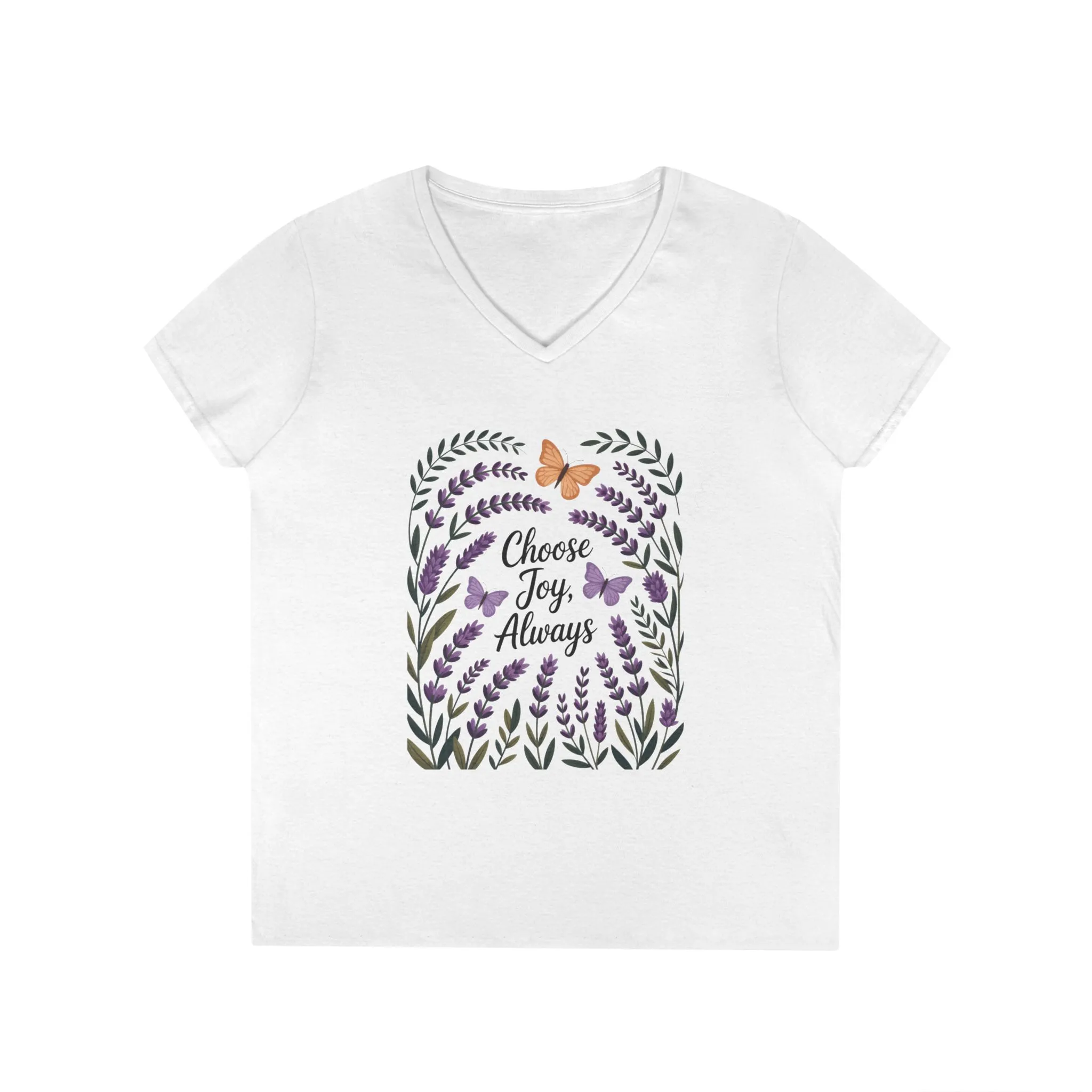 Ladies' V-Neck T-Shirt, Choose Joy Always, Positive Affirmation Tee, Floral Graphic Shirt, Inspirational V-Neck, Lavender Printed Tee - Image 2