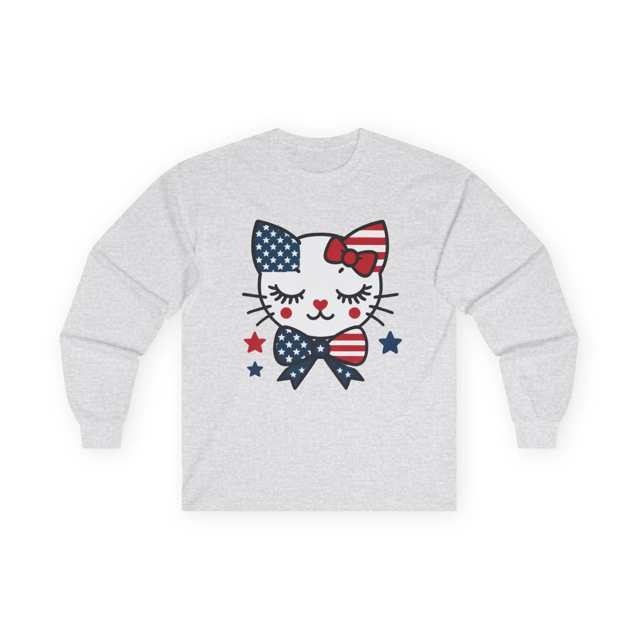 Cute Patriotic Cat Long Sleeve Tee, Women's T-Shirt for Independence Day, 4th of July Celebration, Animal Lover Gift, USA Flag Design - Image 7