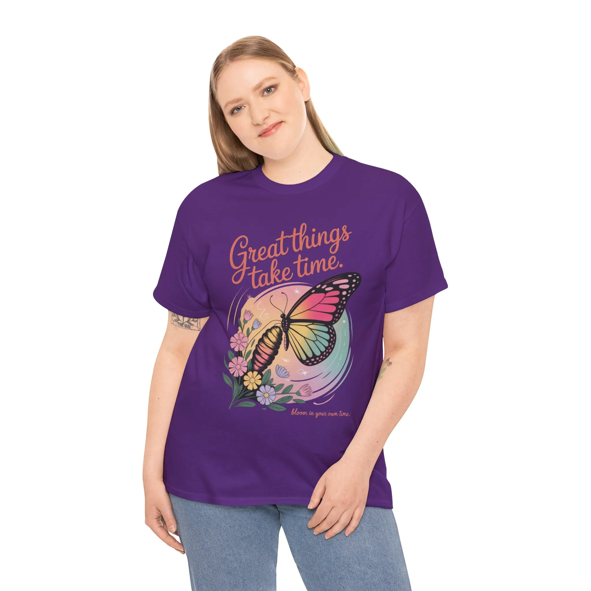 Butterfly Motivational Women's Heavy Cotton Tee, Great Things Take Time Shirt, Gift for Nature Lovers, Inspirational Apparel, Summer Outfit - Image 35