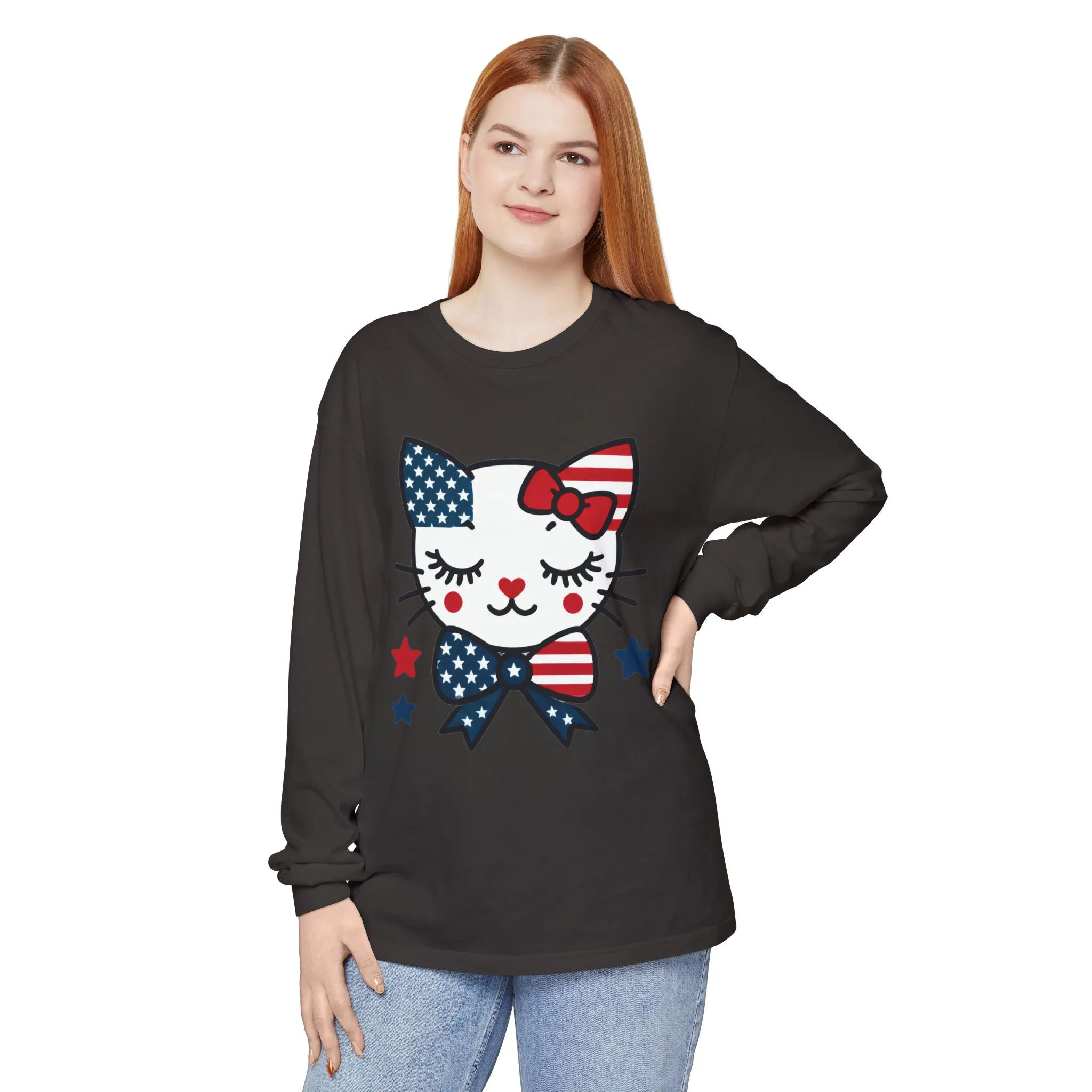 Patriotic Cat Long Sleeve T-Shirt, Womens Tee, Perfect for Fourth of July, Animal Lover Gift, Cozy Casual Wear, Holiday Apparel - Image 14