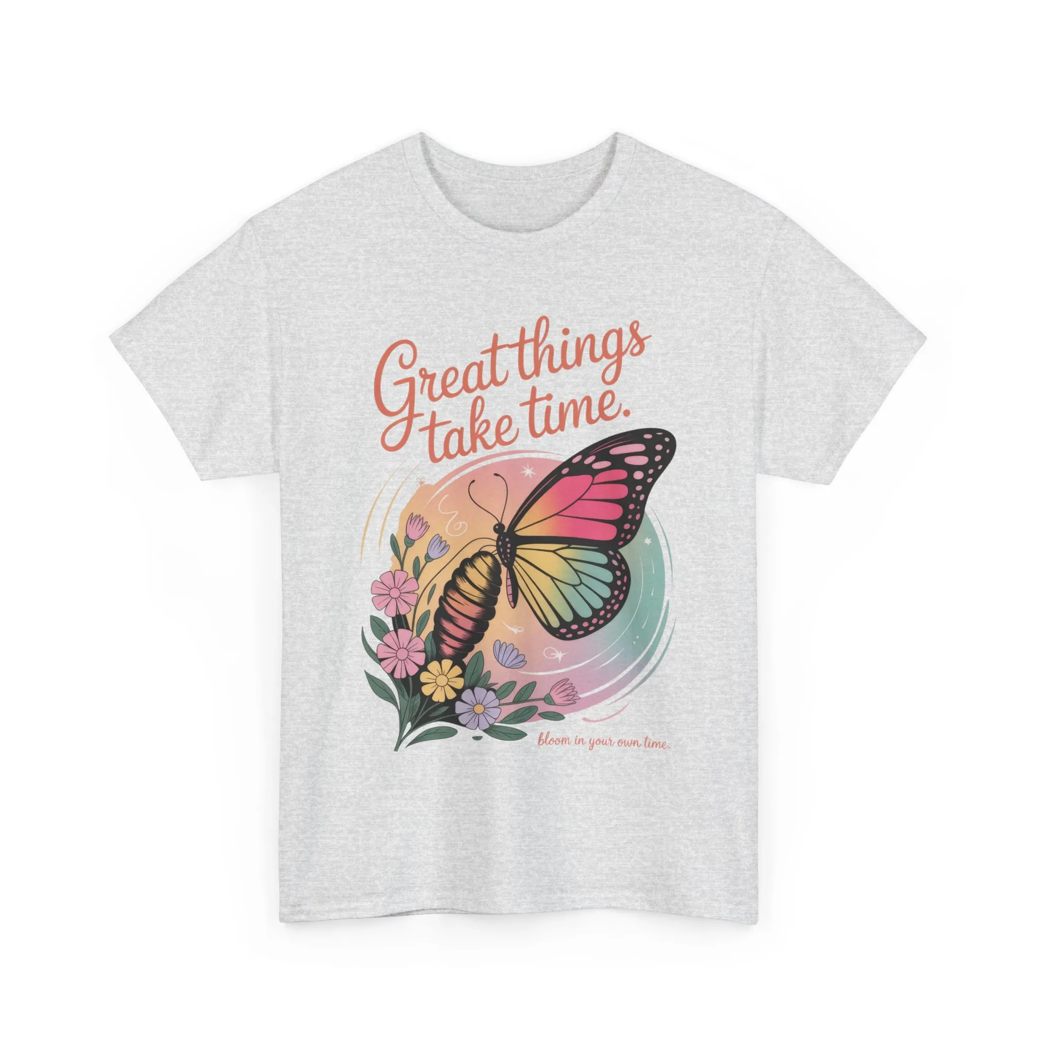Butterfly Motivational Women's Heavy Cotton Tee, Great Things Take Time Shirt, Gift for Nature Lovers, Inspirational Apparel, Summer Outfit - Image 9