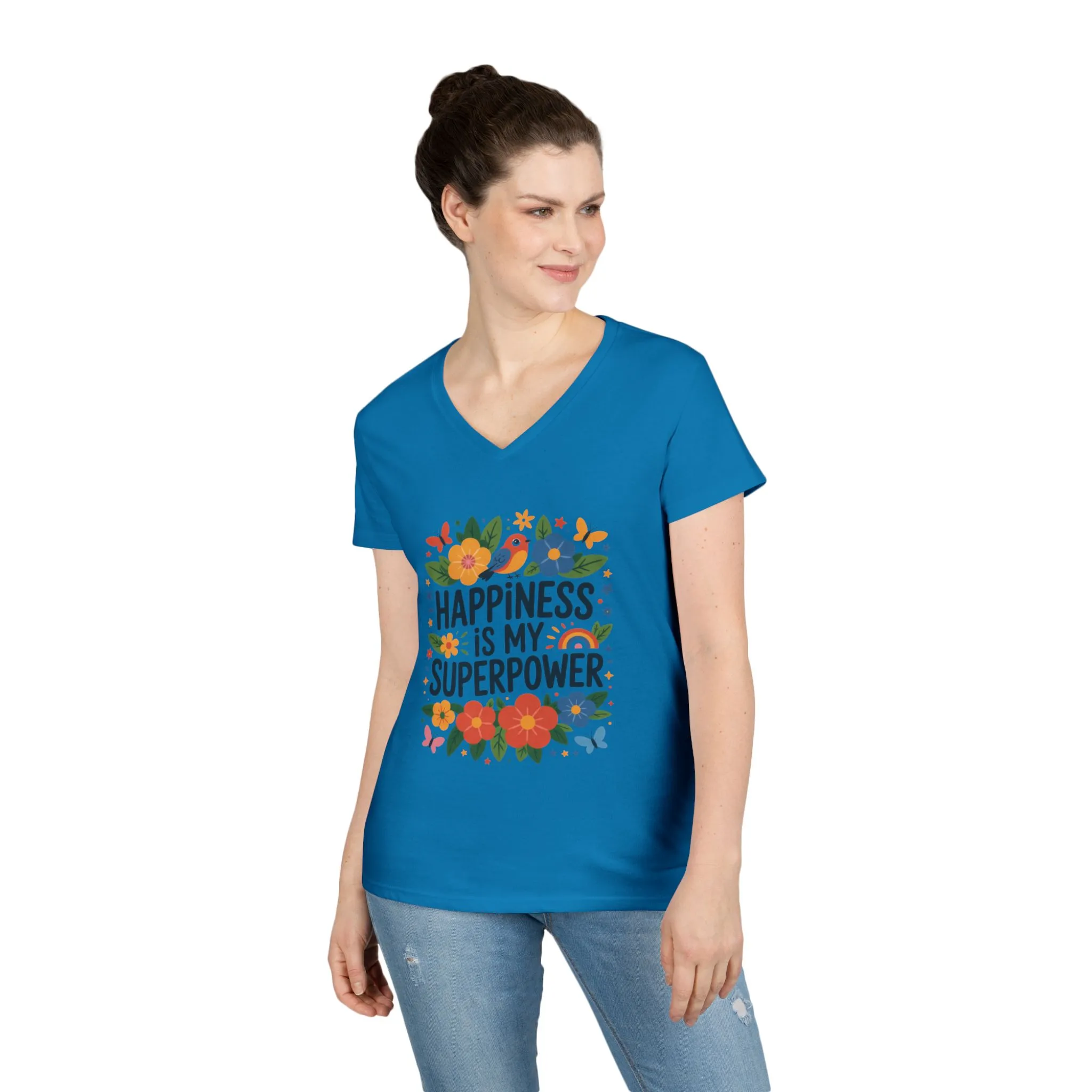 Happiness is My Superpower V-Neck T-Shirt, Floral Motivational Tee, Gift for Her, Positive Quote Shirt, Joyful Statement Tee - Image 9