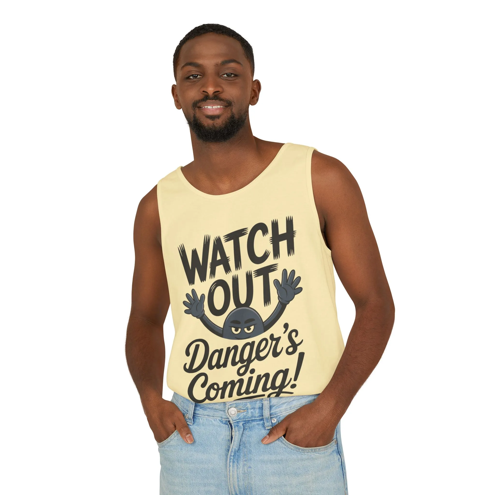 Watch Out! Danger's Coming, Mens Garment-Dyed Tank Top, Summer Tank, Trendy Mens Top, Fun Graphic Tee, Casual Wear, Gift for Him - Image 33