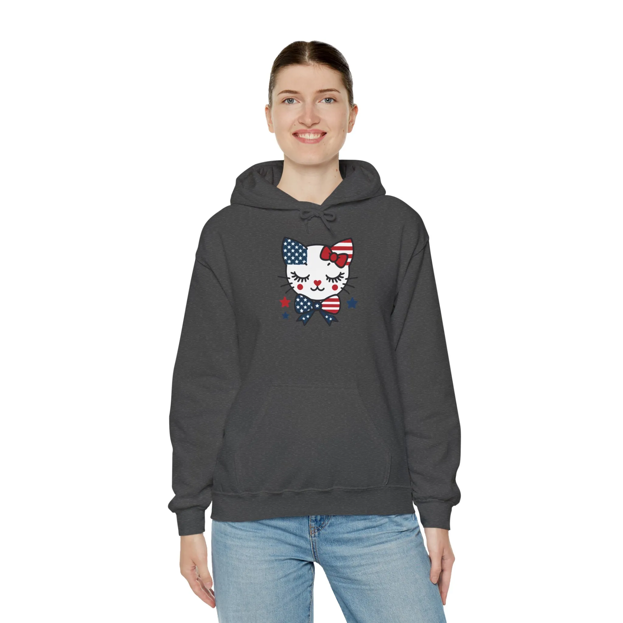 Cute Cat Patriot Womens Hoodie, Womens Heavy Blend Sweatshirt, Gift for Cat Lovers, 4th of July Apparel, Perfect for Independence Day - Image 12
