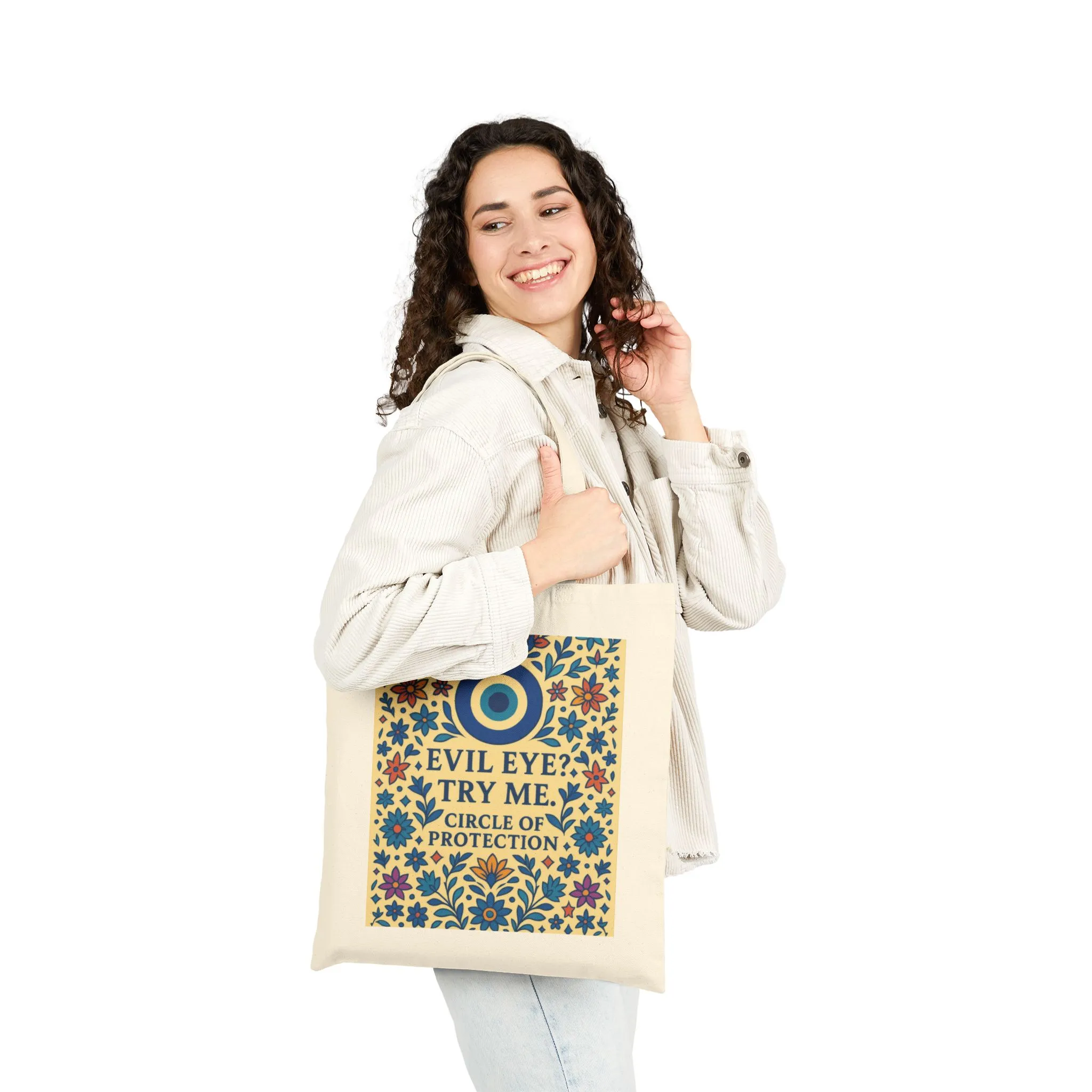Evil Eye Protection Tote Bag – Bold Floral Nazar Amulet Canvas Bag with Funny Quote, Boho Charm Bag - Image 3