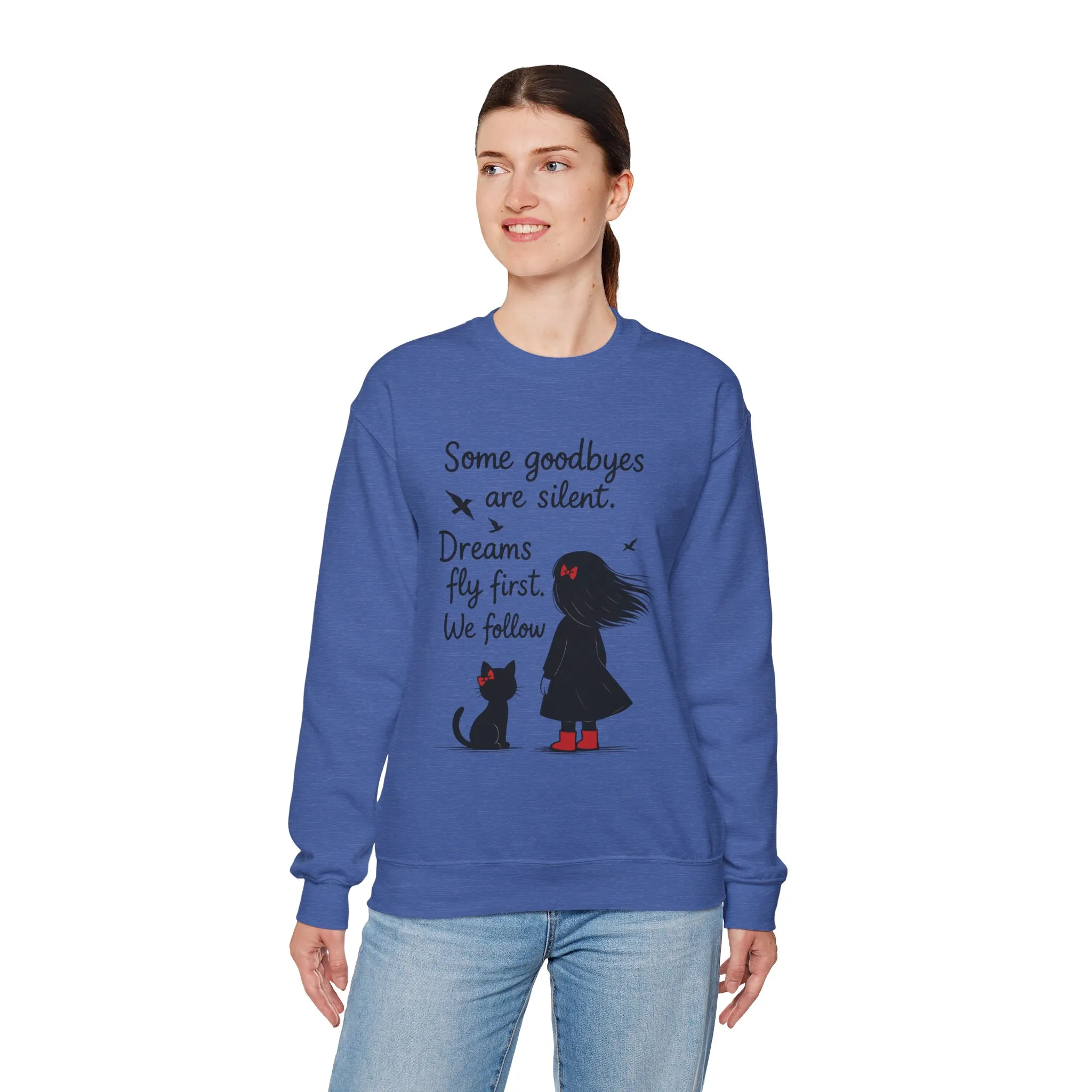 Cozy Farewell Girl & Cat Pullover, Hand Drawn Red Dress Art, Minimalist Womens Crewneck - Image 15