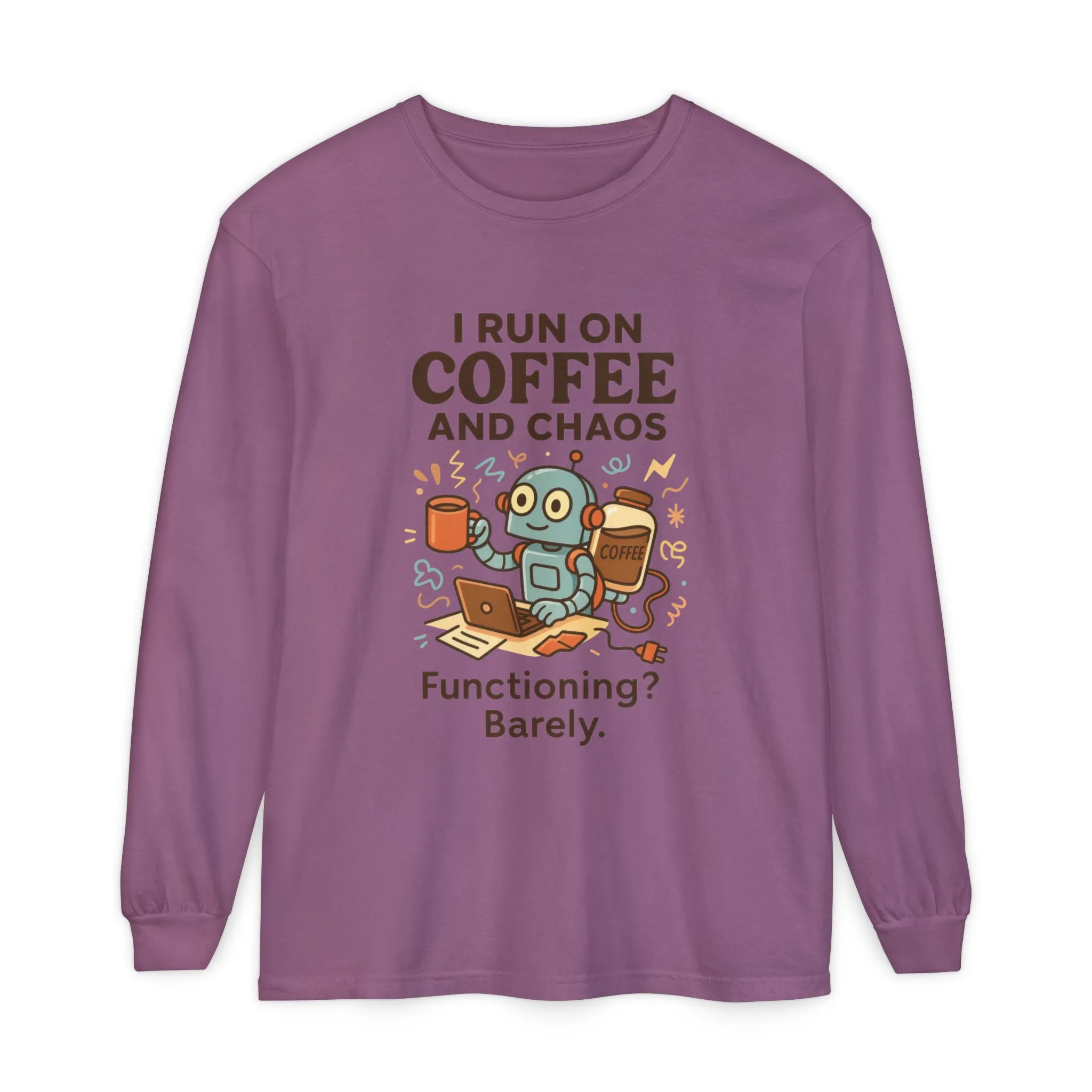 Coffee Chaos Long Sleeve Tee, Funny T-Shirt, Quirky Gift for Coffee Lovers, Unisex Top for Busy Lives, Work from Home Humor Tee - Image 23
