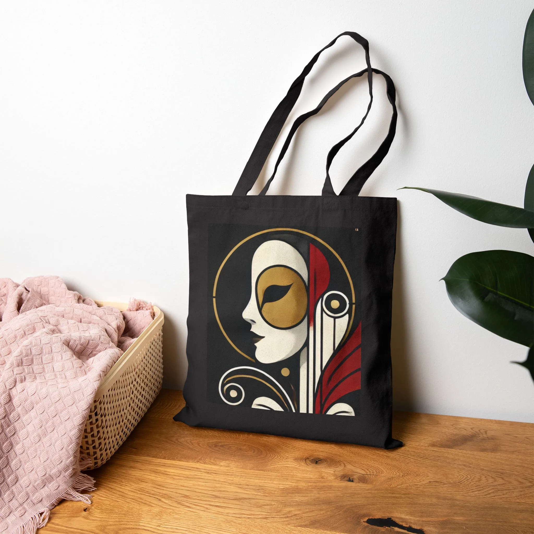 Art Deco Woman Tote Bag, Elegant Geometric Face Design, Modern Vintage Style Canvas Bag for Art Lovers, Artistic Cotton Canvas Tote Bag - Image 4