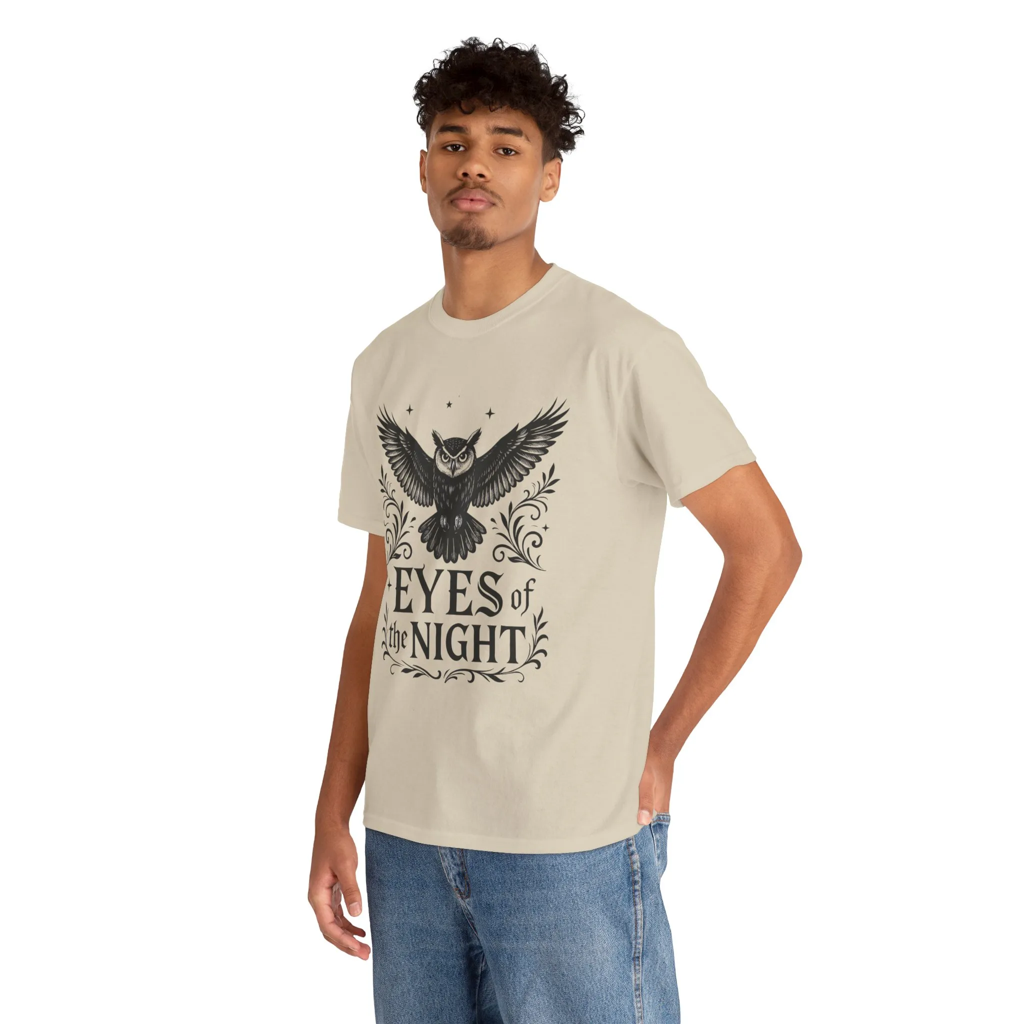 Cool Owl Graphic Unisex Heavy Cotton Tee, Flying Owl Art T-Shirt, Animal Print Tee, Gothic Bird Graphic Tee, Mens Gothic Style Shirt - Image 6