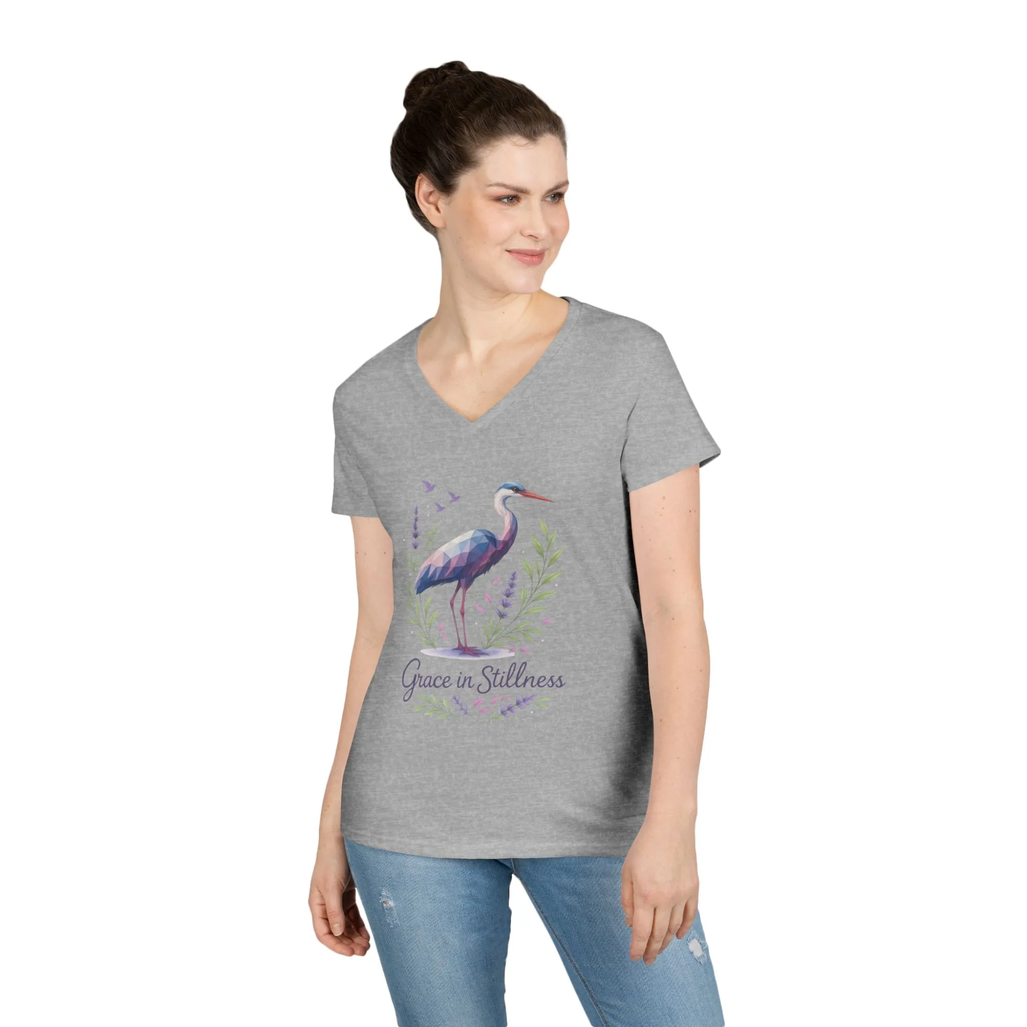 Ladies' V-Neck T-Shirt with Heron Design - Grace in Stillness, Relaxed Fit, Nature-Inspired Gift, Travel Tee, Summer Fashion - Image 9