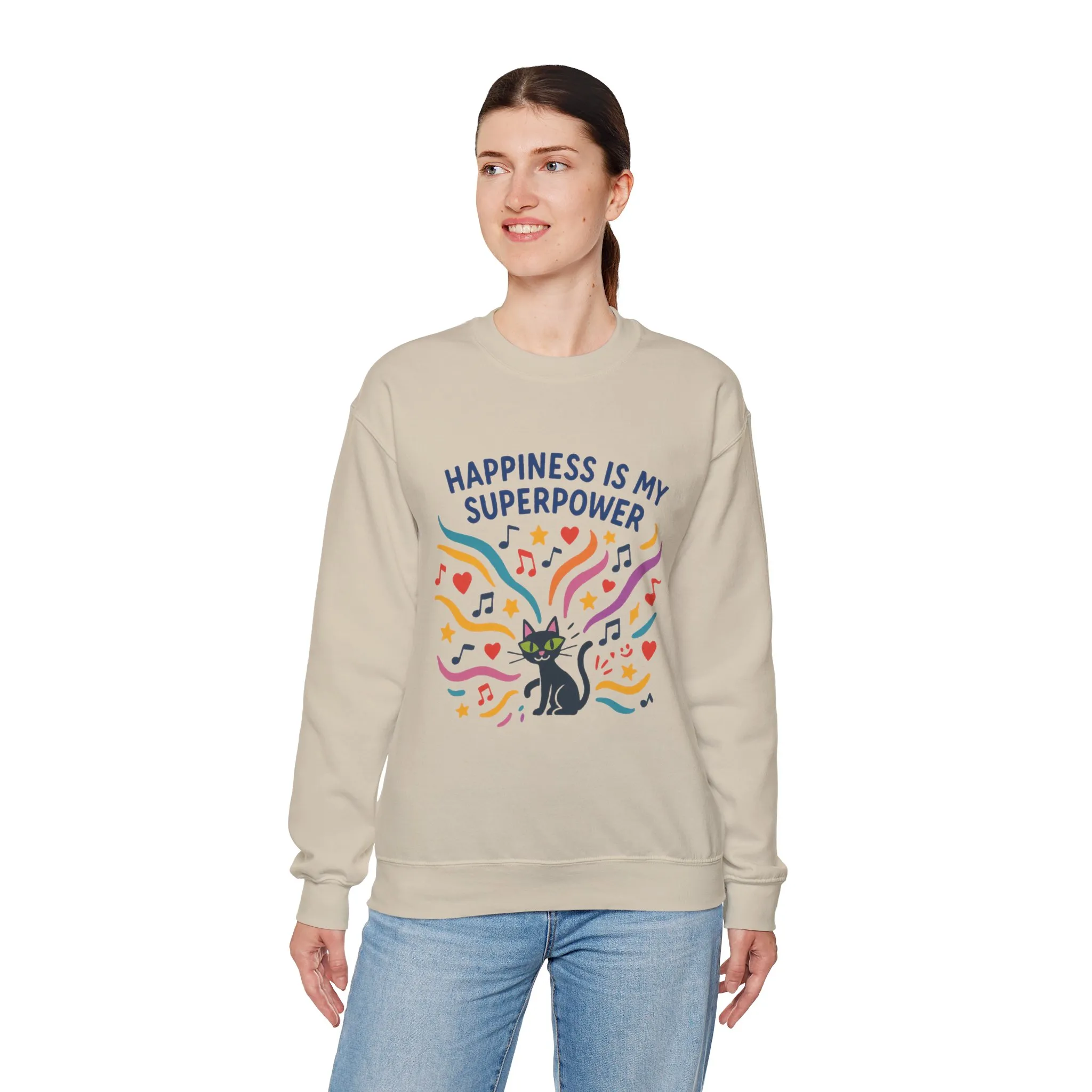 Playful Cat Crewneck Sweatshirt, Happiness is My Superpower, Cozy Sweatshirt, Gift for Cat Lovers, Fun Casual Style, Unique Animal Design - Image 30