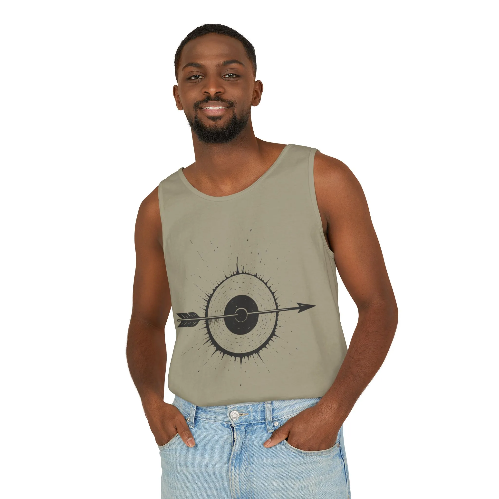 Mens Garment-Dyed Tank Top with Target Arrow Design, Casual Wear, Summer Essentials, Gym Wear, Gifts for Archery Lovers - Image 9