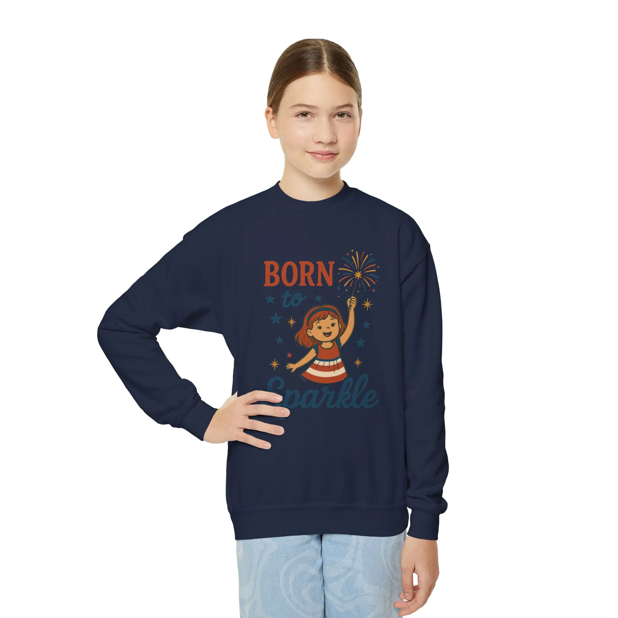 4th of July Youth Crewneck Sweatshirt, Born to Sparkle Tee, Patriotic Fireworks Toddler Crewneck, Independence Day Outfit for Tween Girls - Image 12