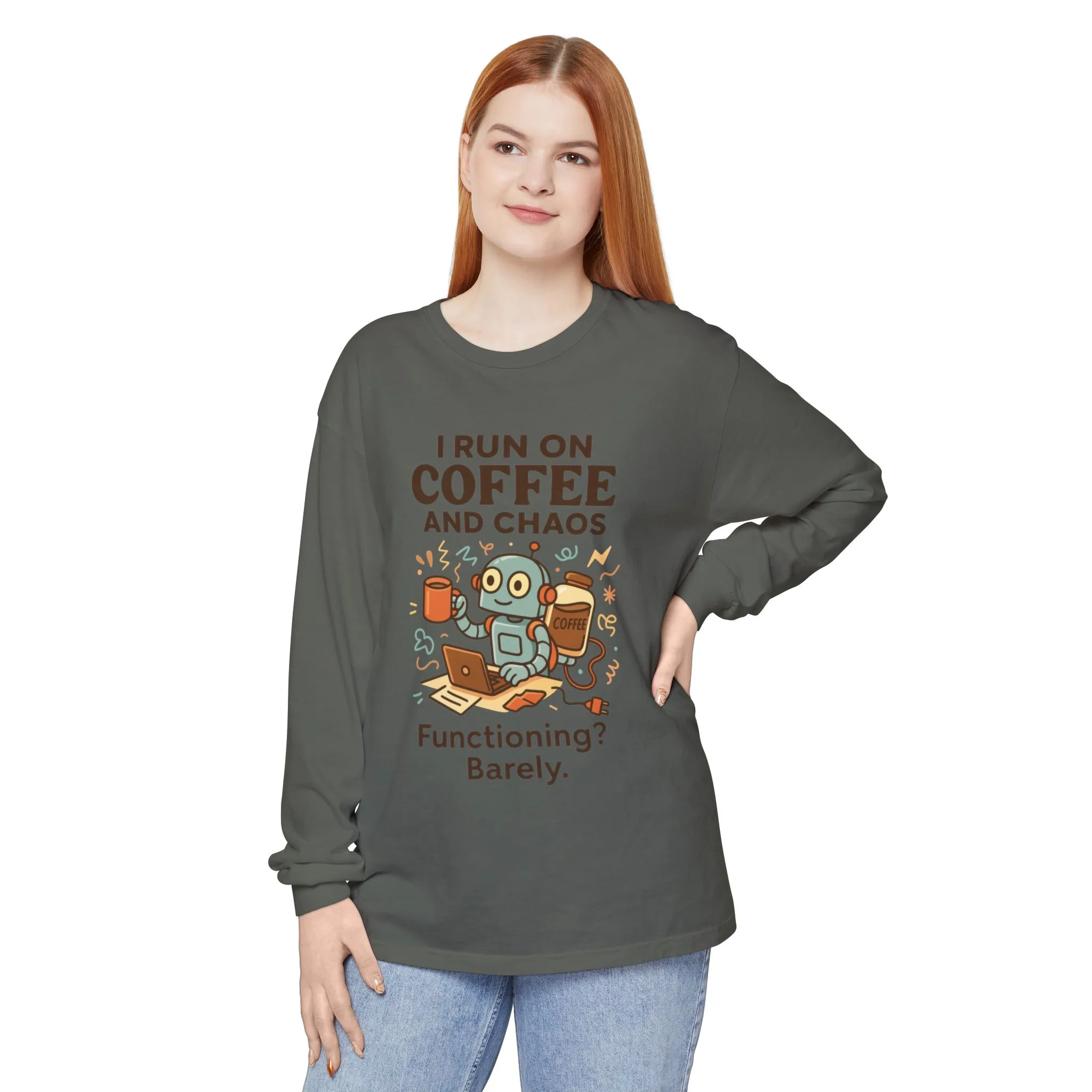 Coffee Chaos Long Sleeve Tee, Funny T-Shirt, Quirky Gift for Coffee Lovers, Unisex Top for Busy Lives, Work from Home Humor Tee - Image 36
