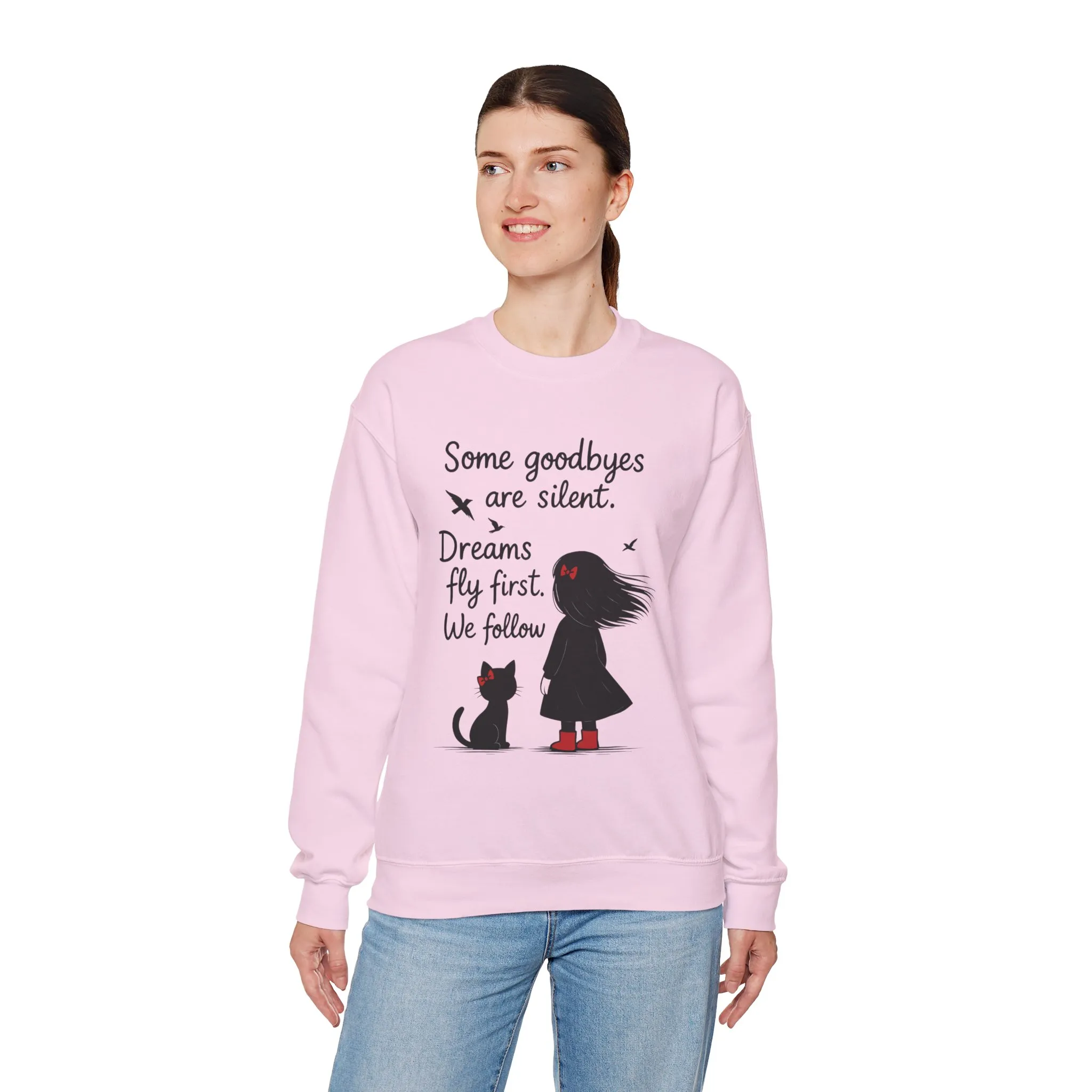 Cozy Farewell Girl & Cat Pullover, Hand Drawn Red Dress Art, Minimalist Womens Crewneck - Image 21