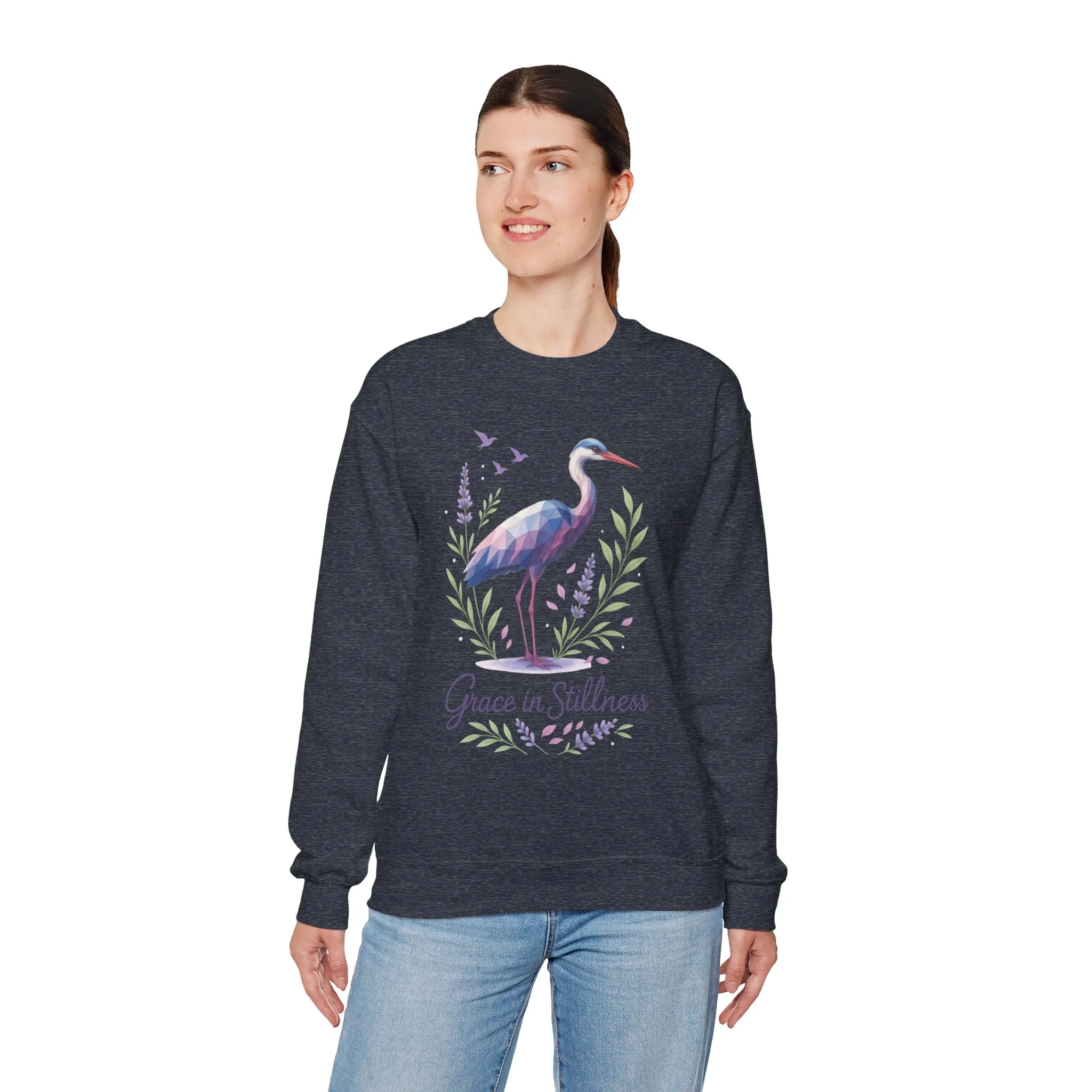 Polygonal Heron Graphic Sweatshirt, Women's Artistic Bird Crewneck, Nature-Inspired Minimalist Design, Geometric Crane, Bird Lovers Gift - Image 18