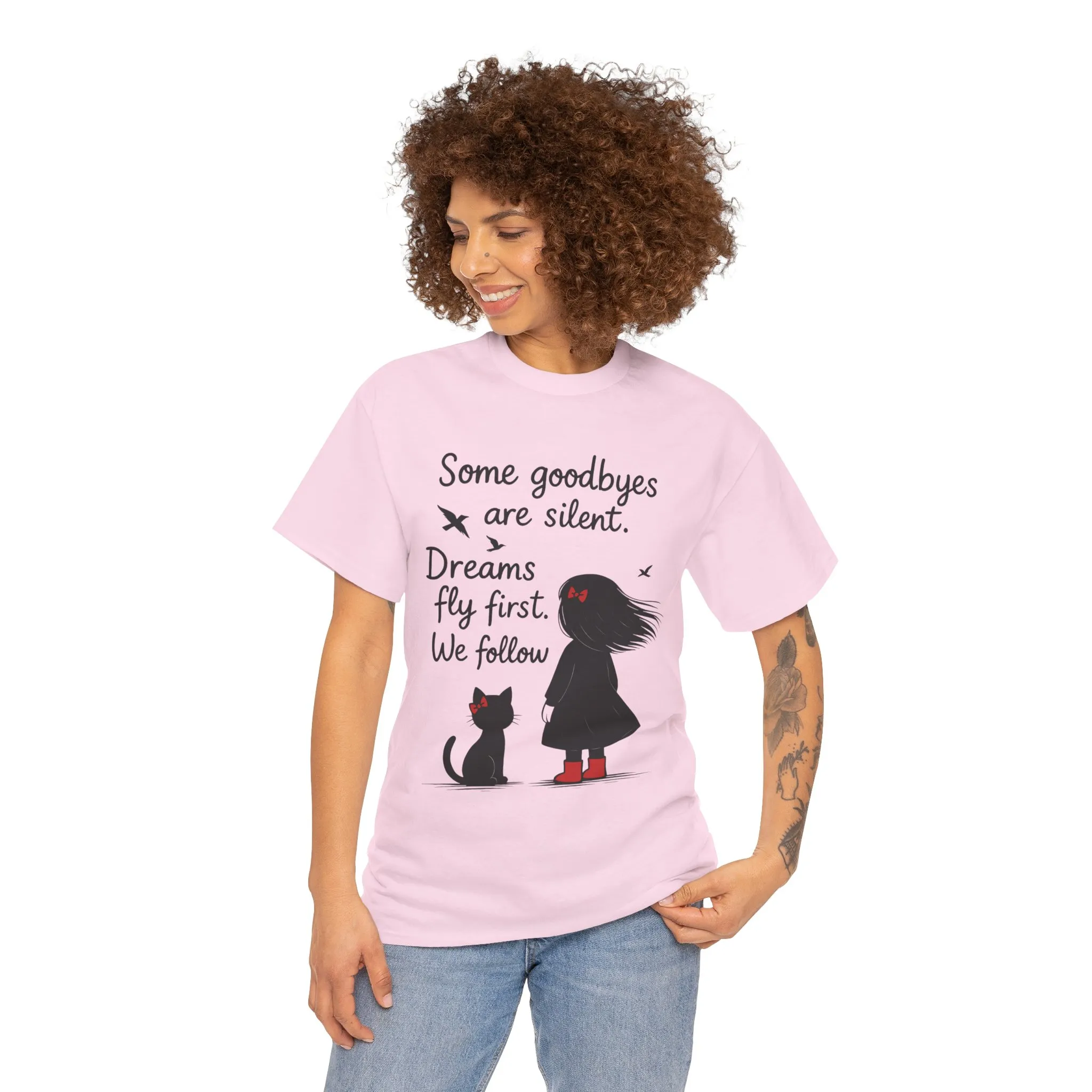 Emotional Hand Drawn Womens T-Shirt, Minimalist Red Dress Girl and Cat Graphic Tee, Cat Lover Gift - Image 20