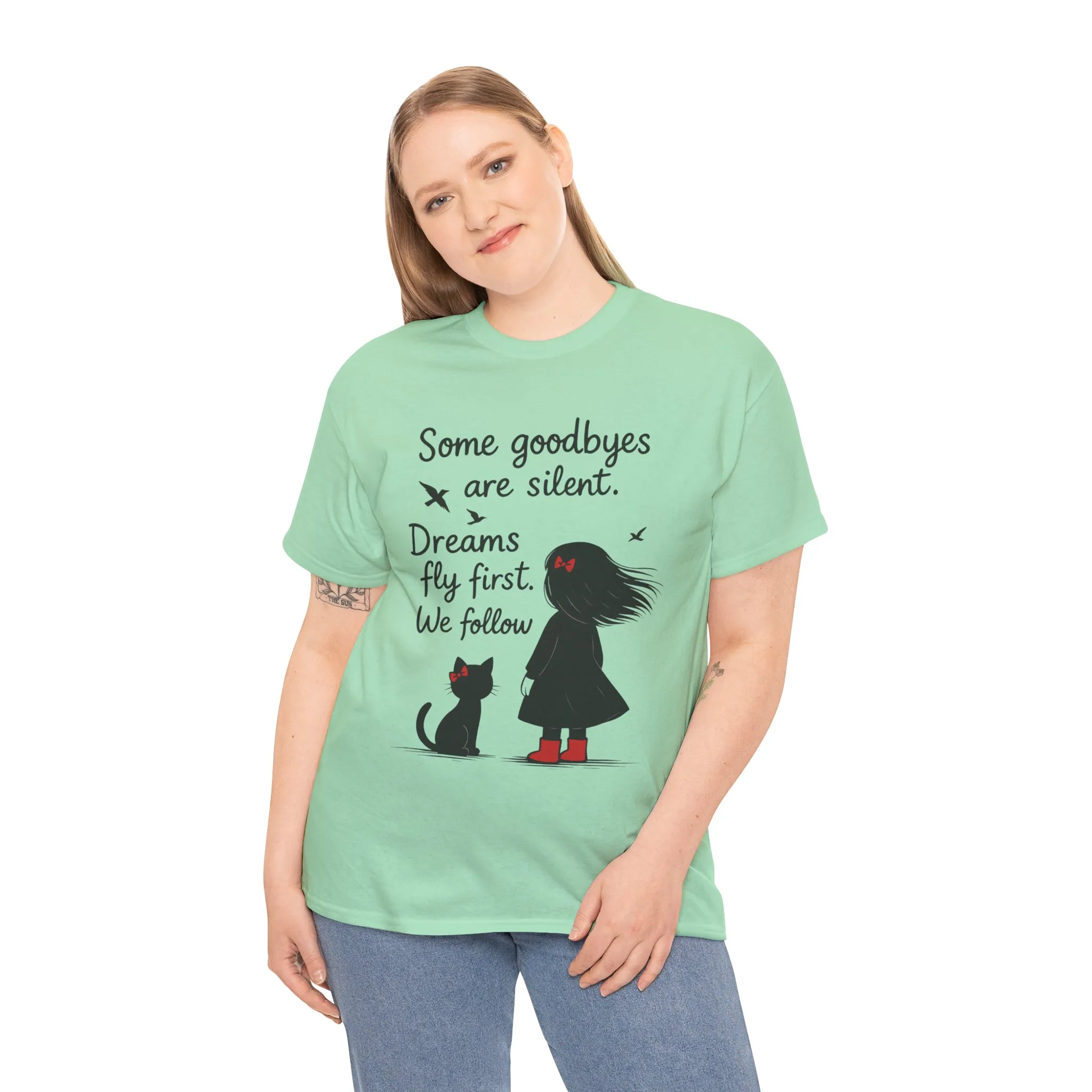 Emotional Hand Drawn Womens T-Shirt, Minimalist Red Dress Girl and Cat Graphic Tee, Cat Lover Gift - Image 9