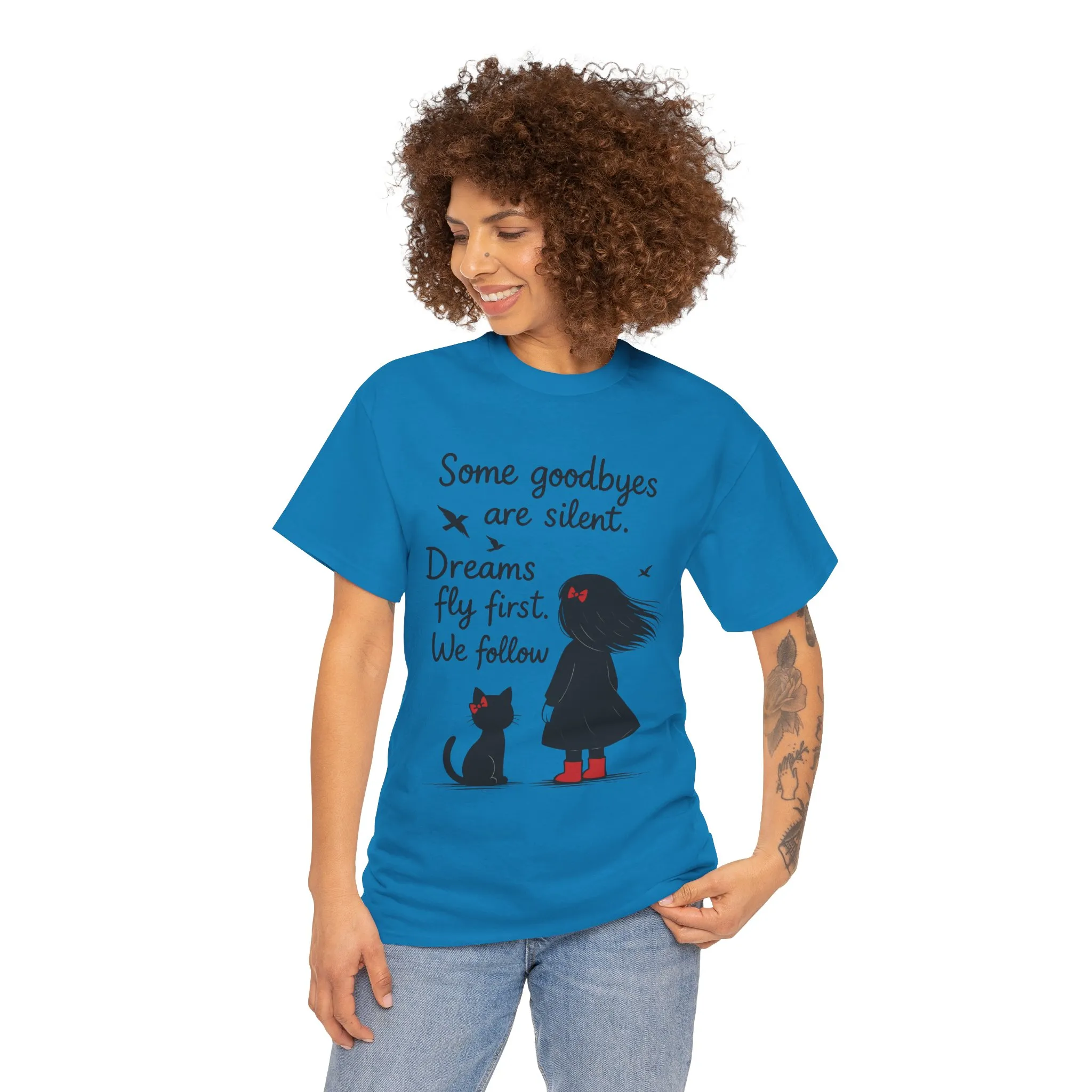 Emotional Hand Drawn Womens T-Shirt, Minimalist Red Dress Girl and Cat Graphic Tee, Cat Lover Gift - Image 14