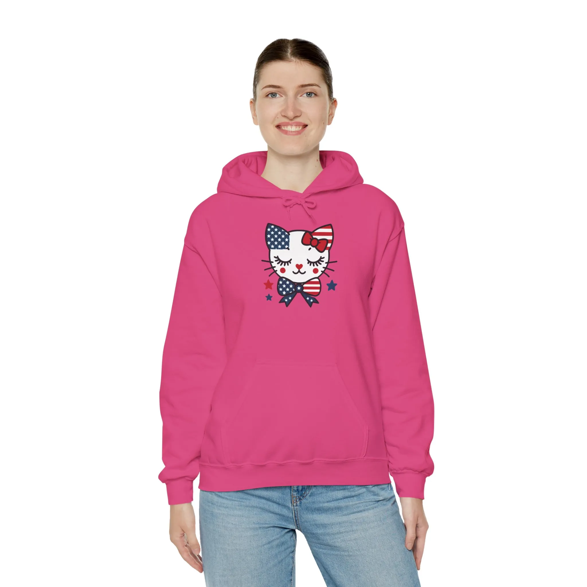 Cute Cat Patriot Womens Hoodie, Womens Heavy Blend Sweatshirt, Gift for Cat Lovers, 4th of July Apparel, Perfect for Independence Day - Image 24