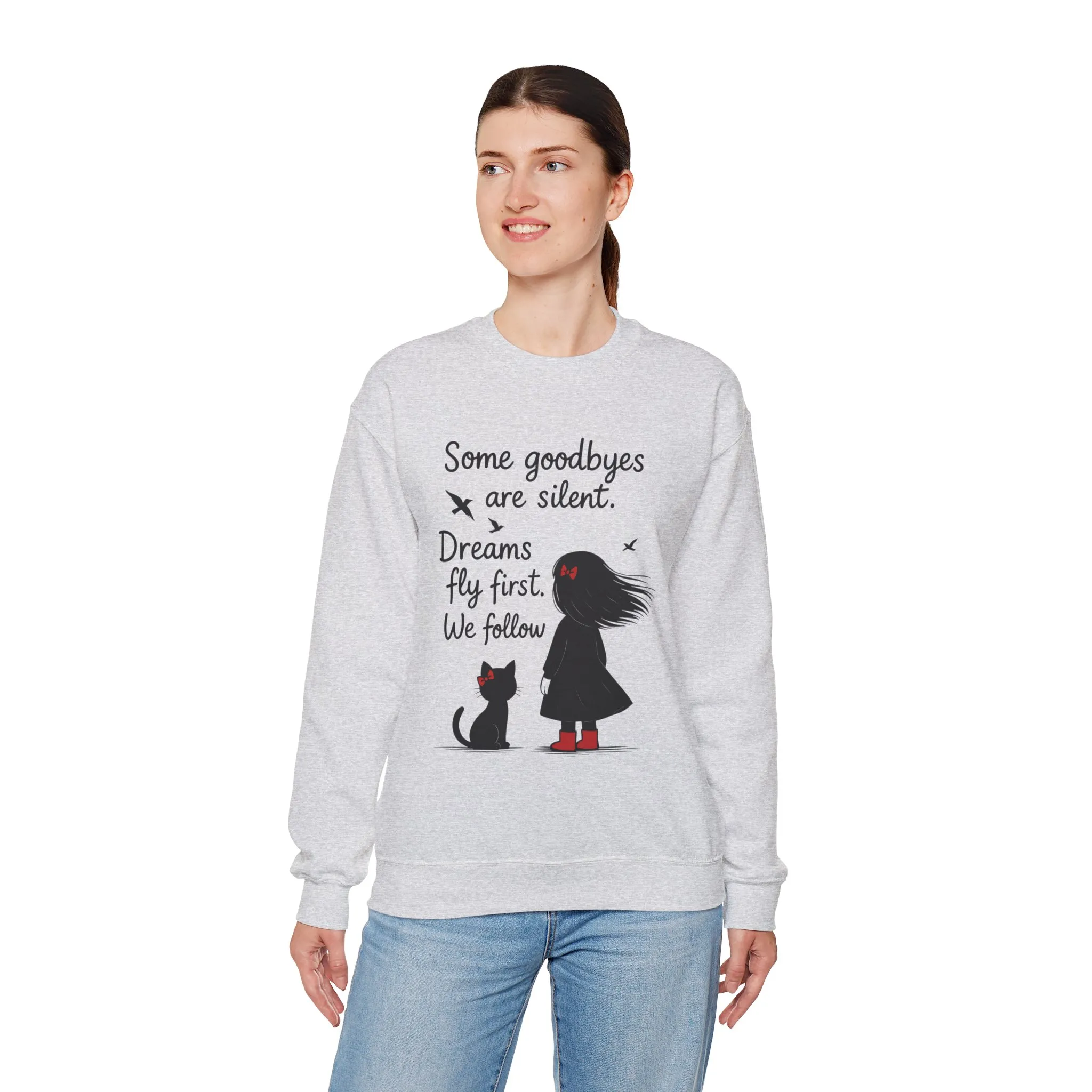 Cozy Farewell Girl & Cat Pullover, Hand Drawn Red Dress Art, Minimalist Womens Crewneck - Image 6