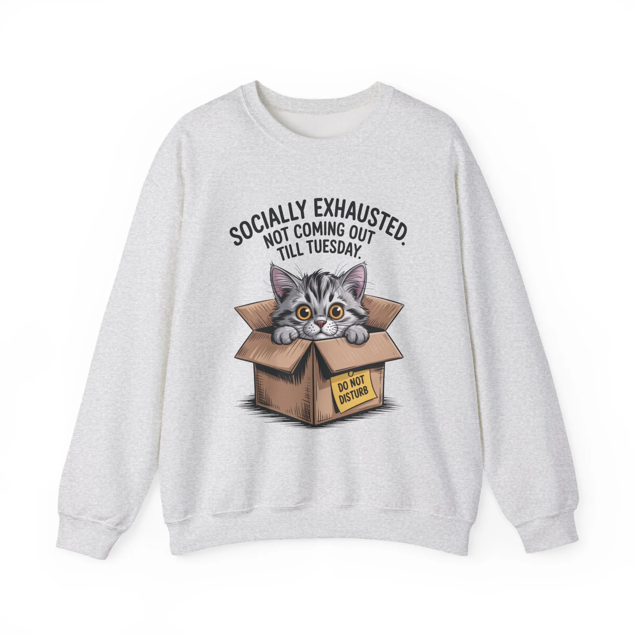 Socially Exhausted Cat Sweatshirt, Funny Cat Crewneck, Gift for Cat Lovers, Cozy Unisex Pullover, Weekend Comfort Apparel - Image 2