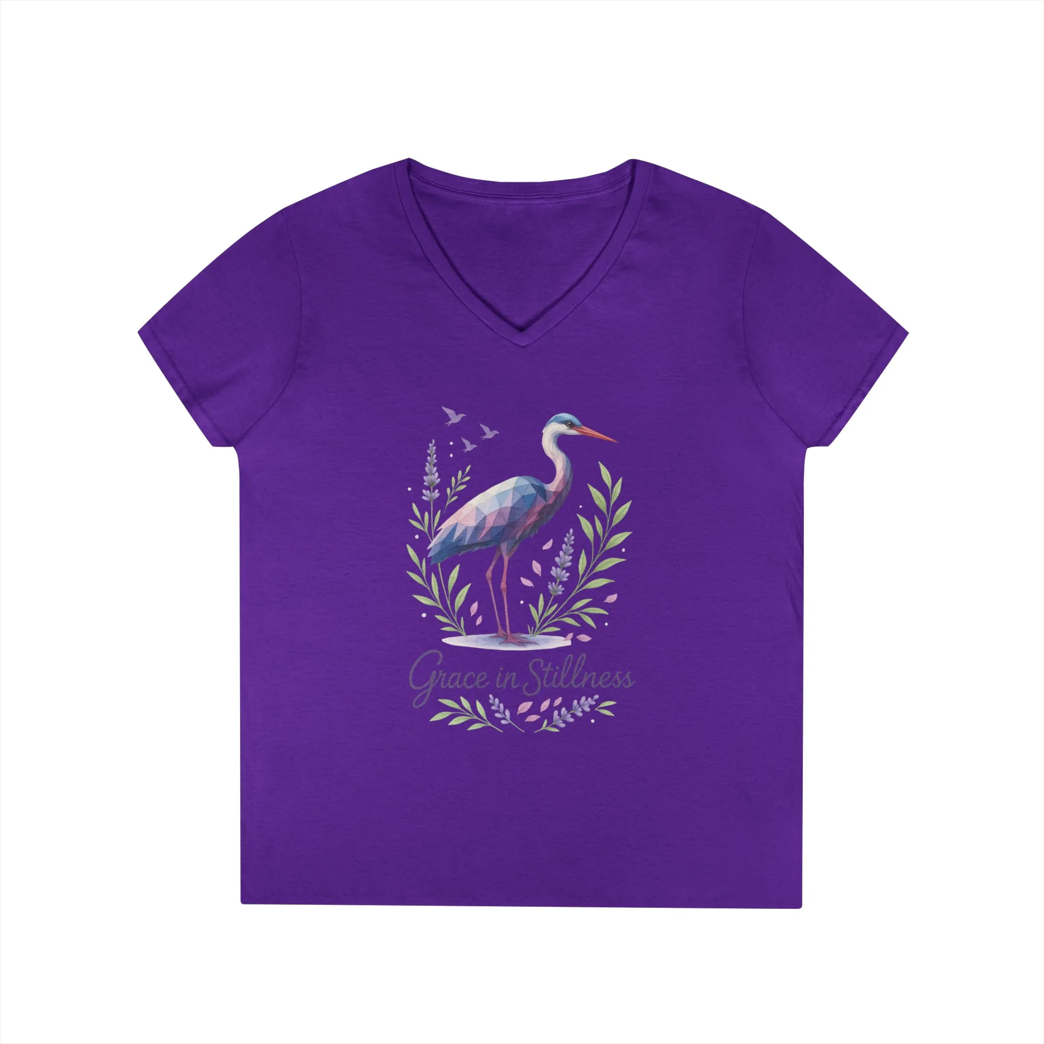 Ladies' V-Neck T-Shirt with Heron Design - Grace in Stillness, Relaxed Fit, Nature-Inspired Gift, Travel Tee, Summer Fashion - Image 16