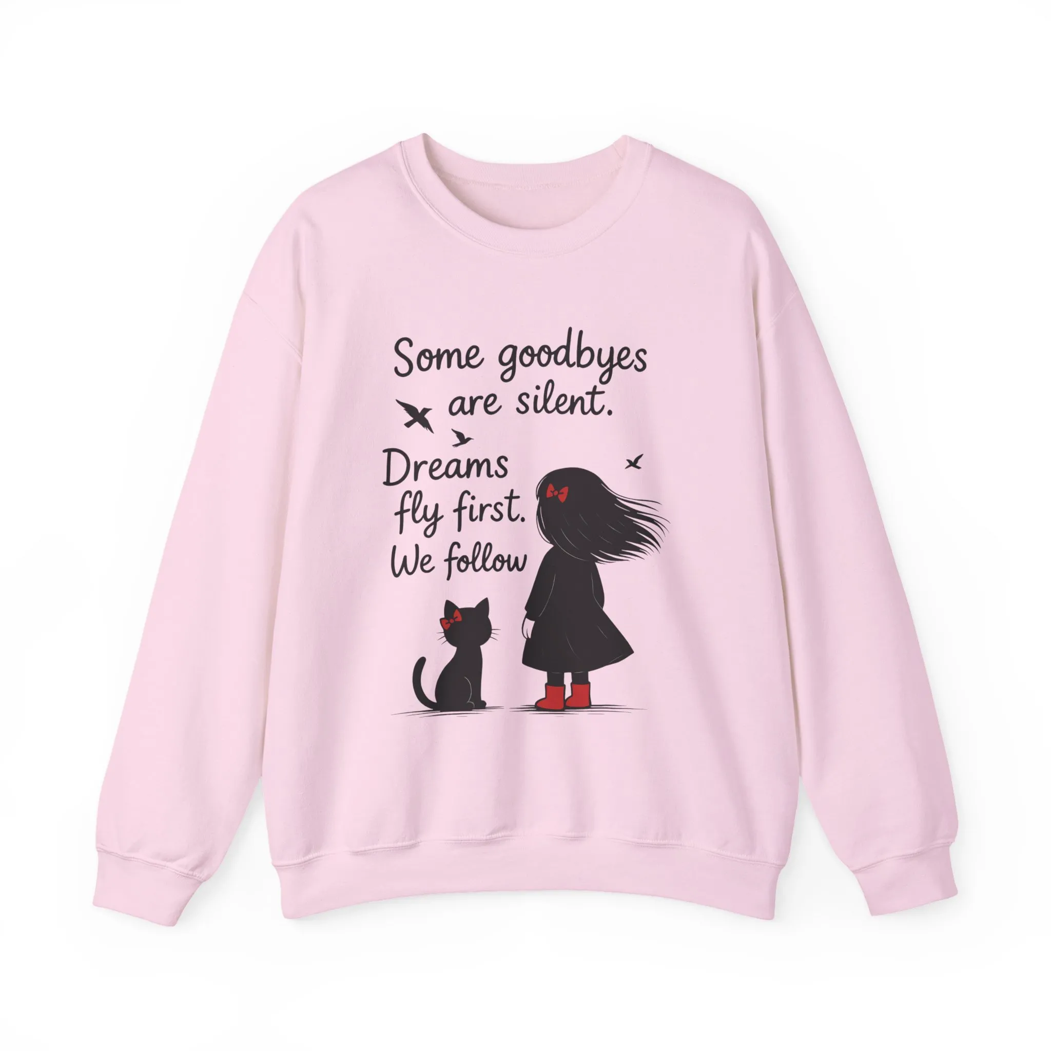 Cozy Farewell Girl & Cat Pullover, Hand Drawn Red Dress Art, Minimalist Womens Crewneck - Image 19