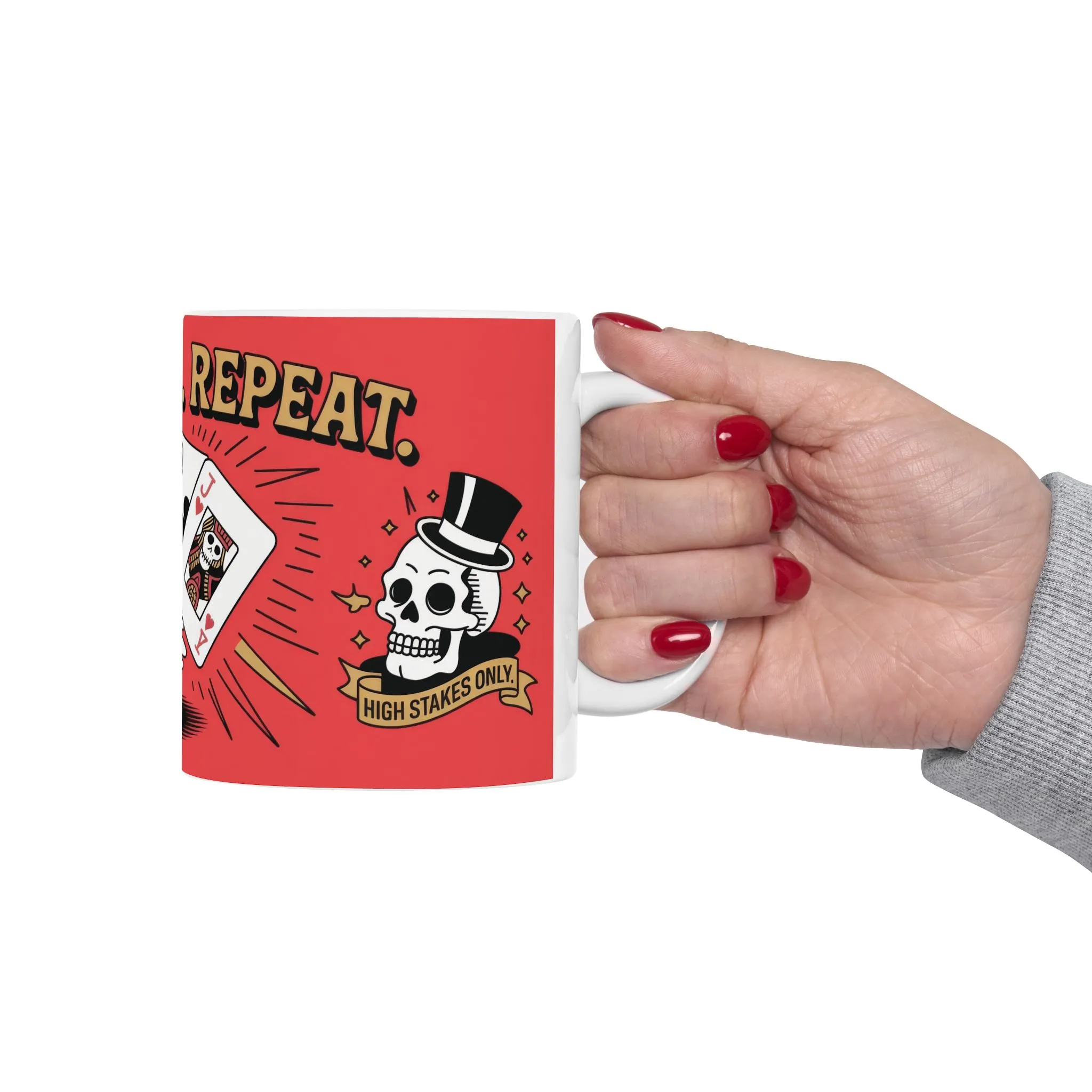 Roll Risk Repeat Poker Mug, Bold Tattoo Style Coffee Cup with Joker Card, Gambling Gift, Gothic Drinkware, Poker Lovers Mug - Image 6
