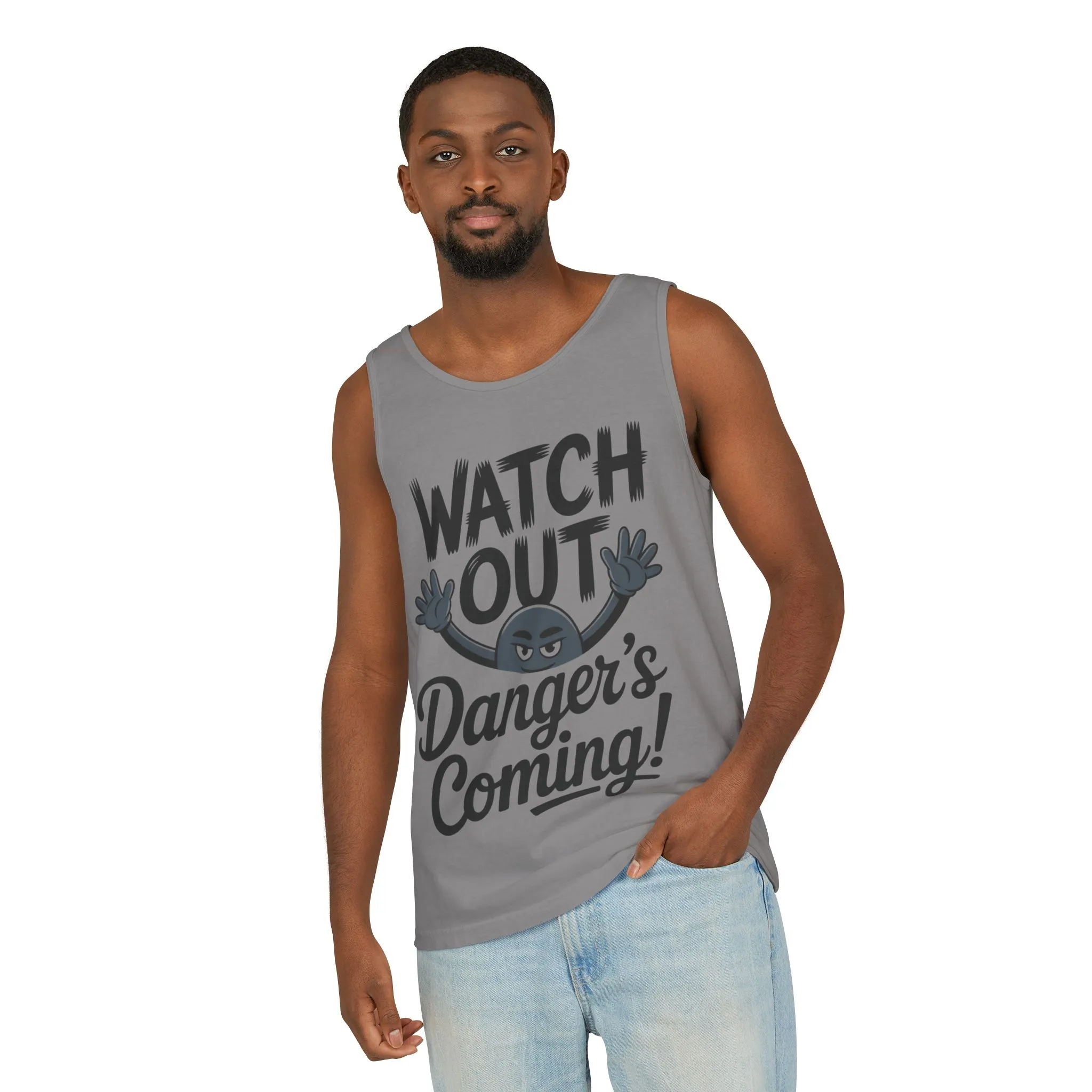 Watch Out! Danger's Coming, Mens Garment-Dyed Tank Top, Summer Tank, Trendy Mens Top, Fun Graphic Tee, Casual Wear, Gift for Him - Image 11