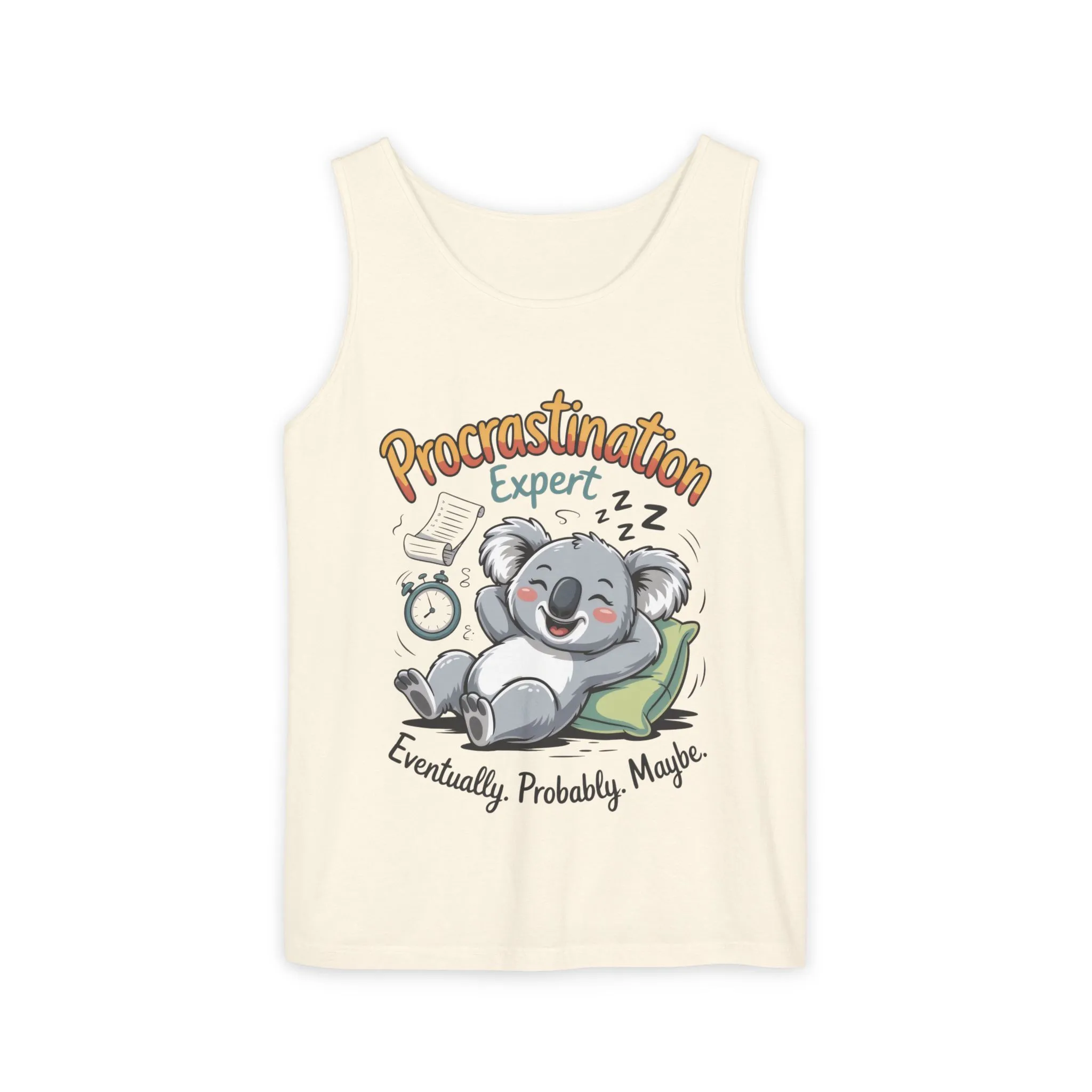 Procrastination Expert Tank Top, Funny Gift for Lazy Days, Relaxed Fit Tee, Casual Summer Wear, Koala Graphic Top, Motivational Apparel
