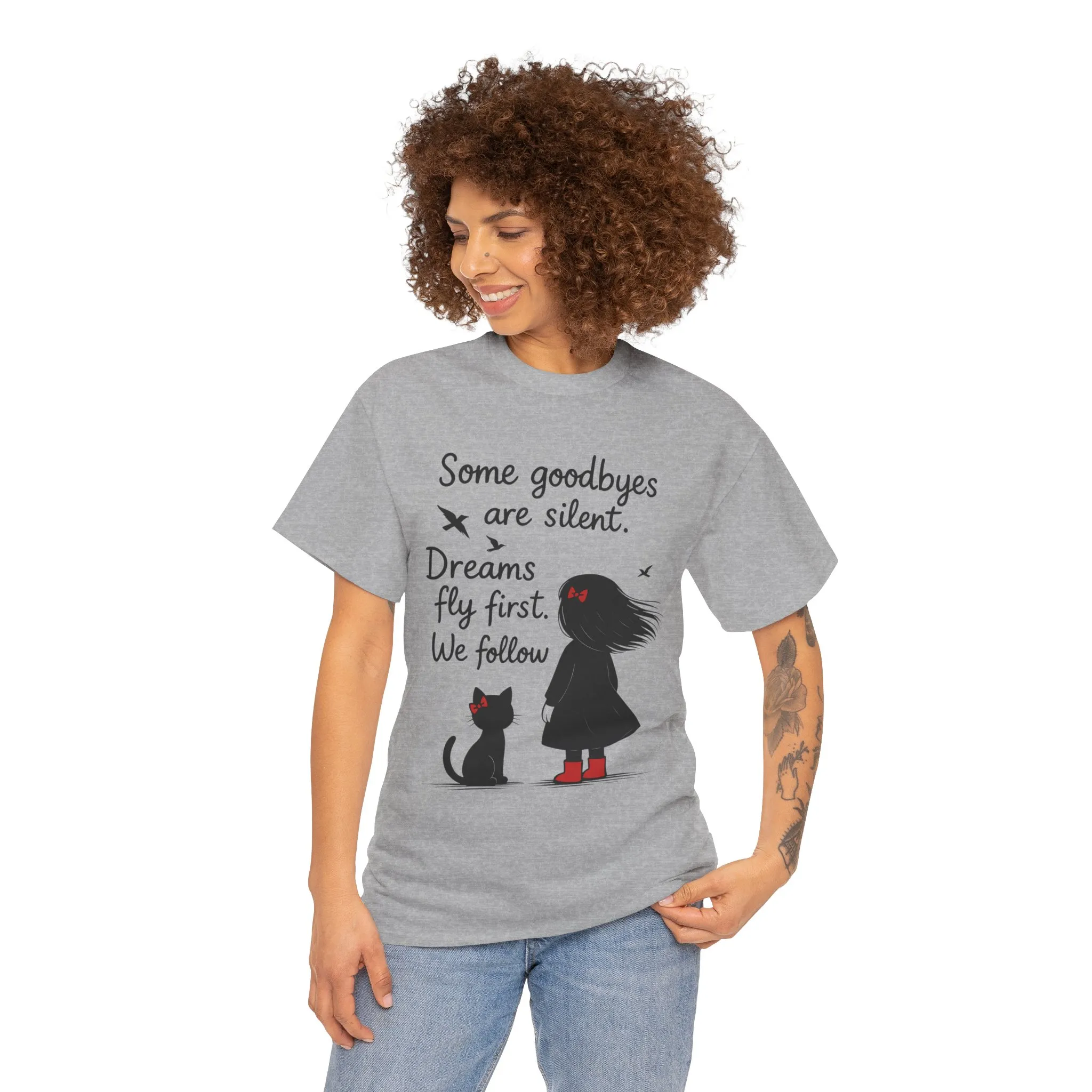 Emotional Hand Drawn Womens T-Shirt, Minimalist Red Dress Girl and Cat Graphic Tee, Cat Lover Gift - Image 5