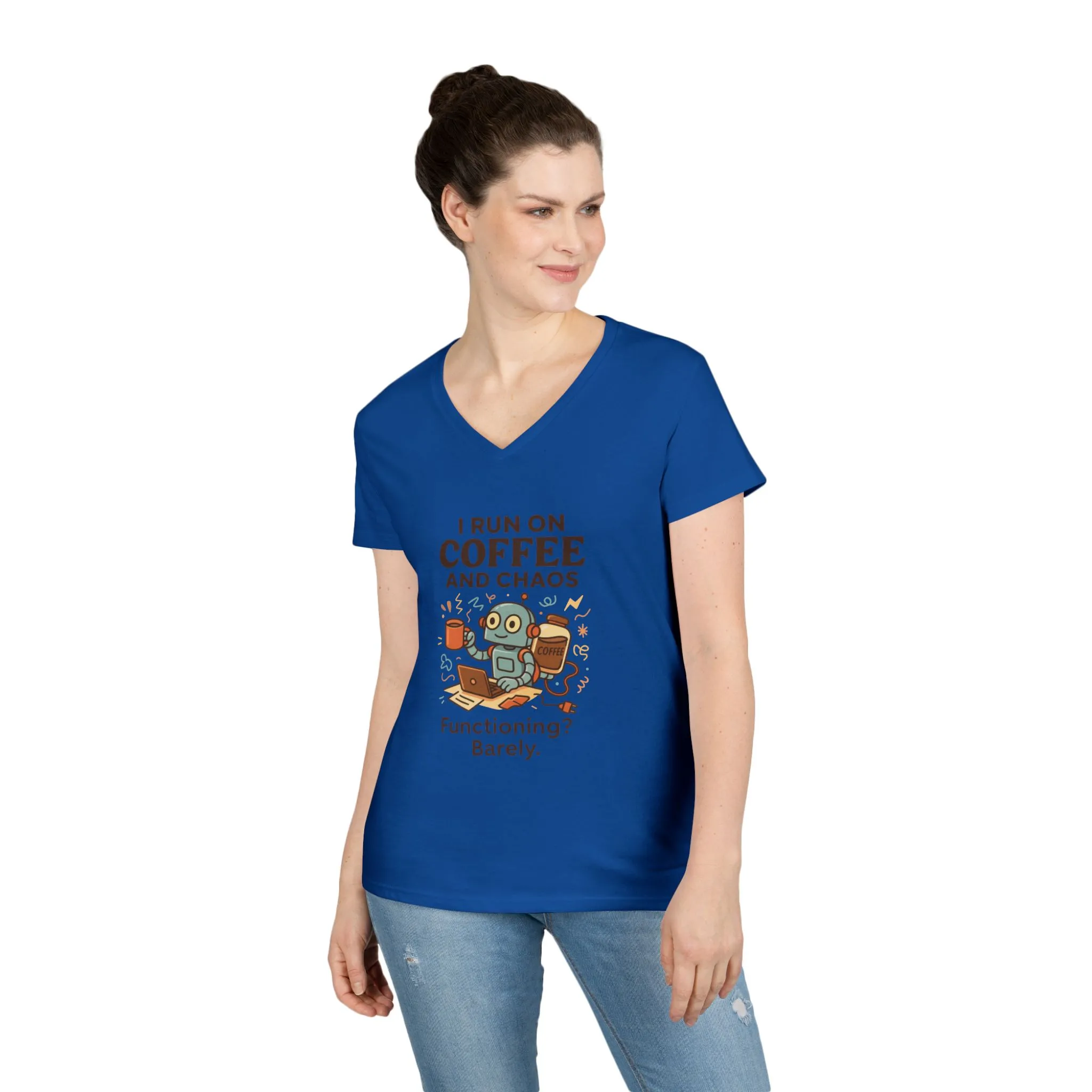 Funny Coffee and Chaos Ladies' V-Neck T-Shirt, Gift for Coffee Lovers, Quirky Tee, Casual Wear, Unique Humor Shirt, Work from Home Humor Tee - Image 15