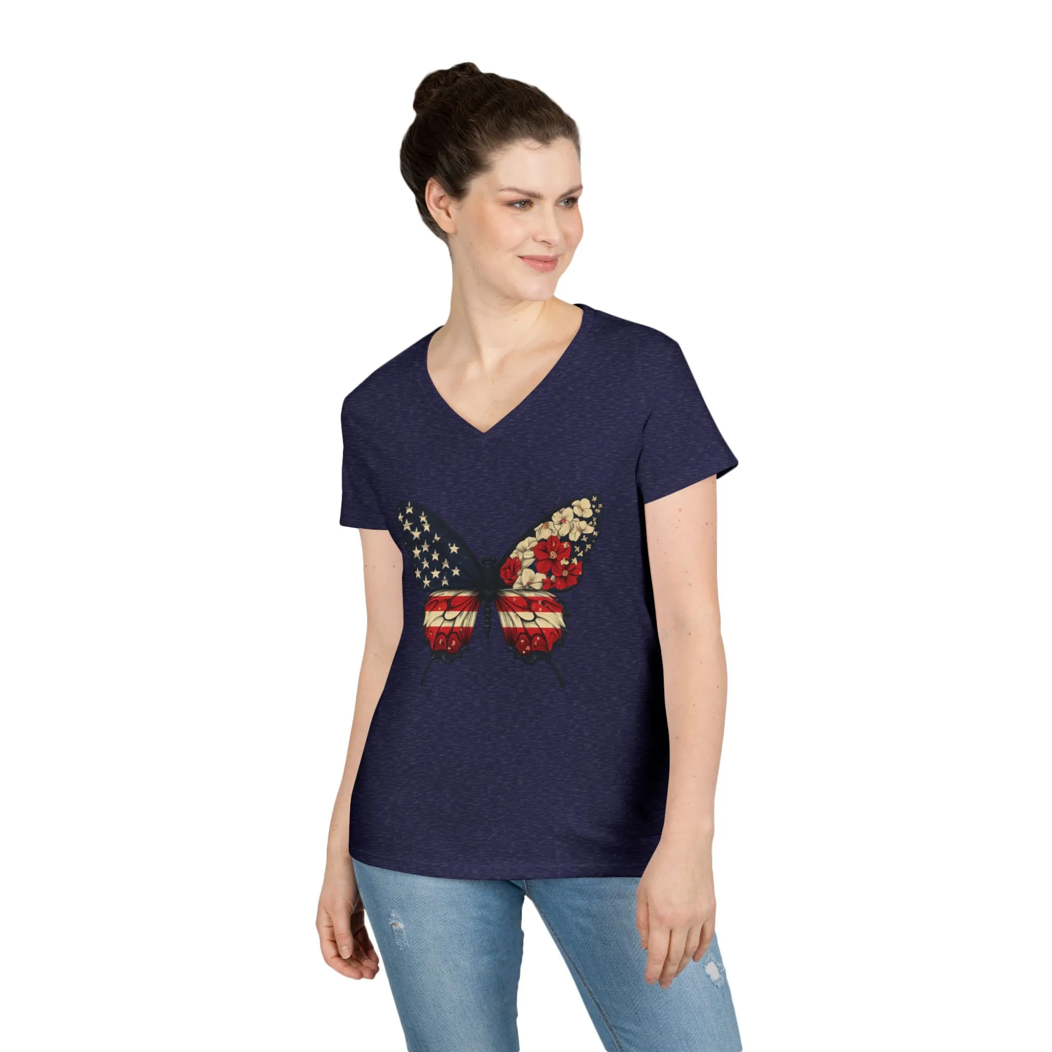Patriotic Butterfly V-Neck T-Shirt, Summer Style, Gifts for Her, Independence Day, Casual Wear, Nature Lovers - Image 21