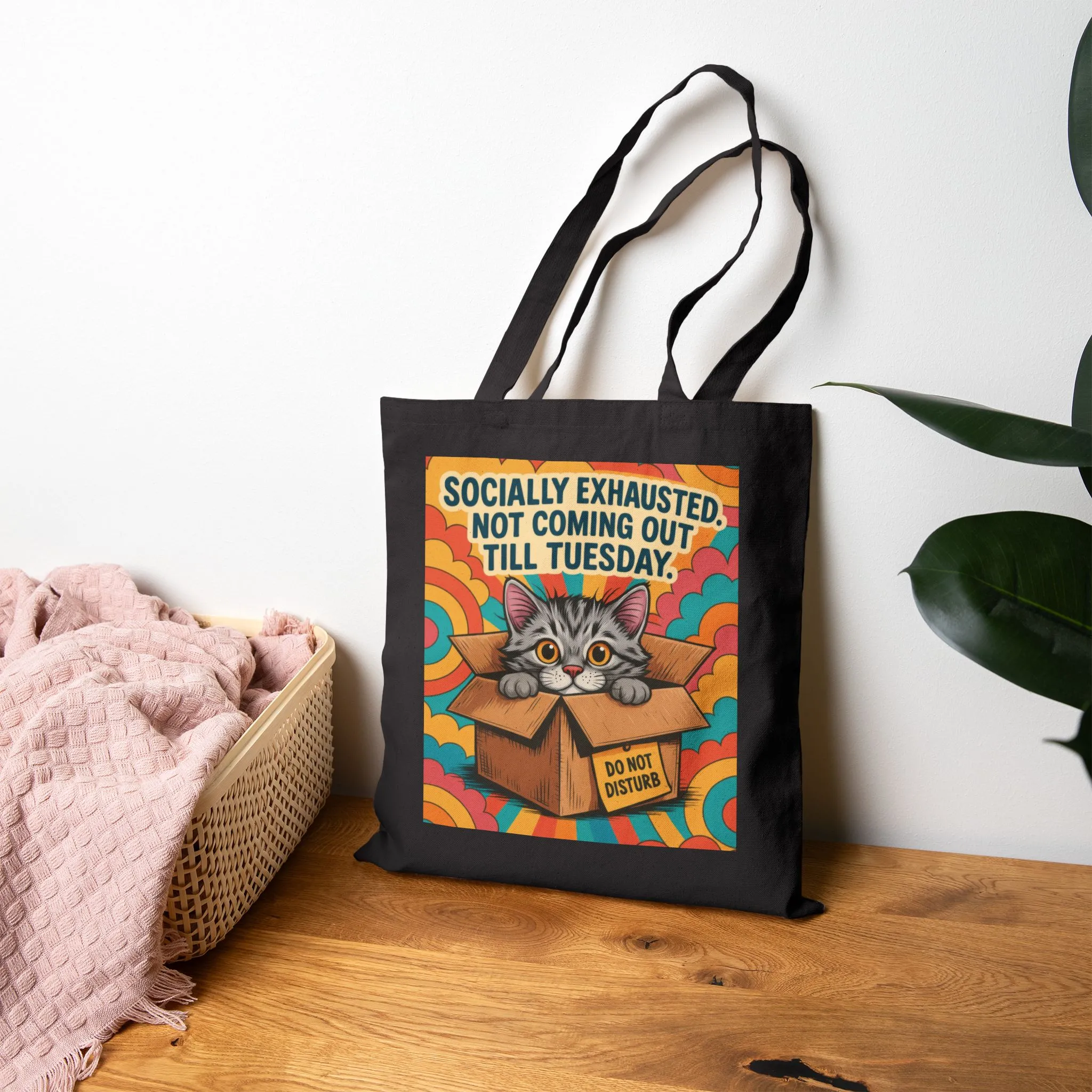 Socially Exhausted Cat Tote Bag, Funny Retro Cat in Box Canvas Bag, Do Not Disturb Comic Bag, Gift for Cat Lovers, Weekend Vibes - Image 5