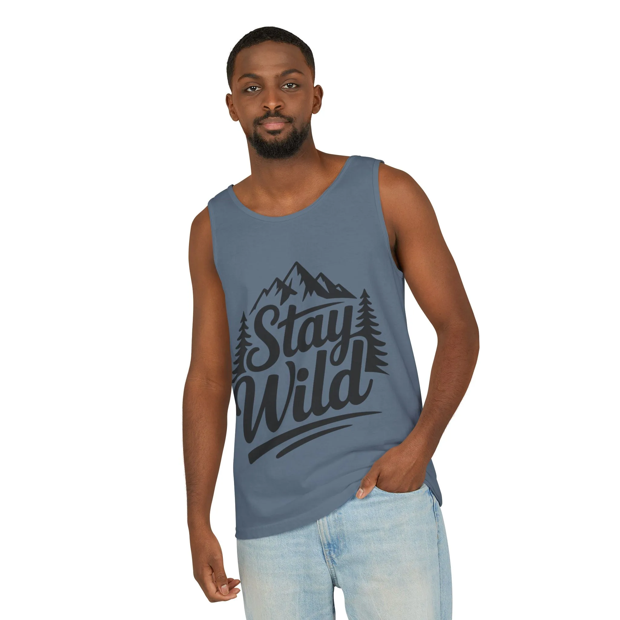 Stay Wild Garment-Dyed Mens Tank Top, Boho Summer Top, Adventure Shirt, Nature Lover Apparel, Gift for Hikers, Outdoor Clothing