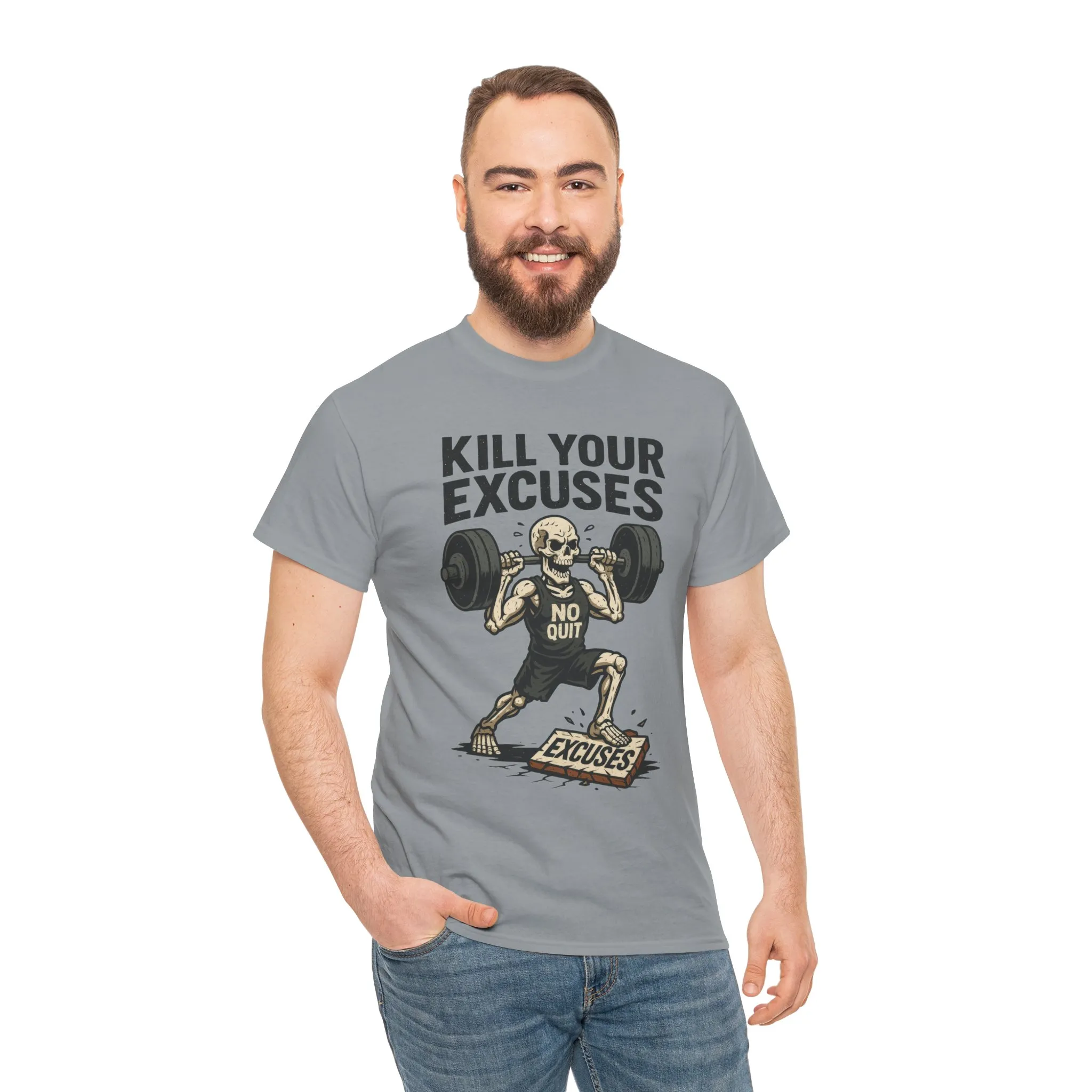 Kill Your Excuses Shirt, No Quit Skeleton Gym Tee for Men, Motivational Fitness T-Shirt, Workout Gift, Gym Apparel