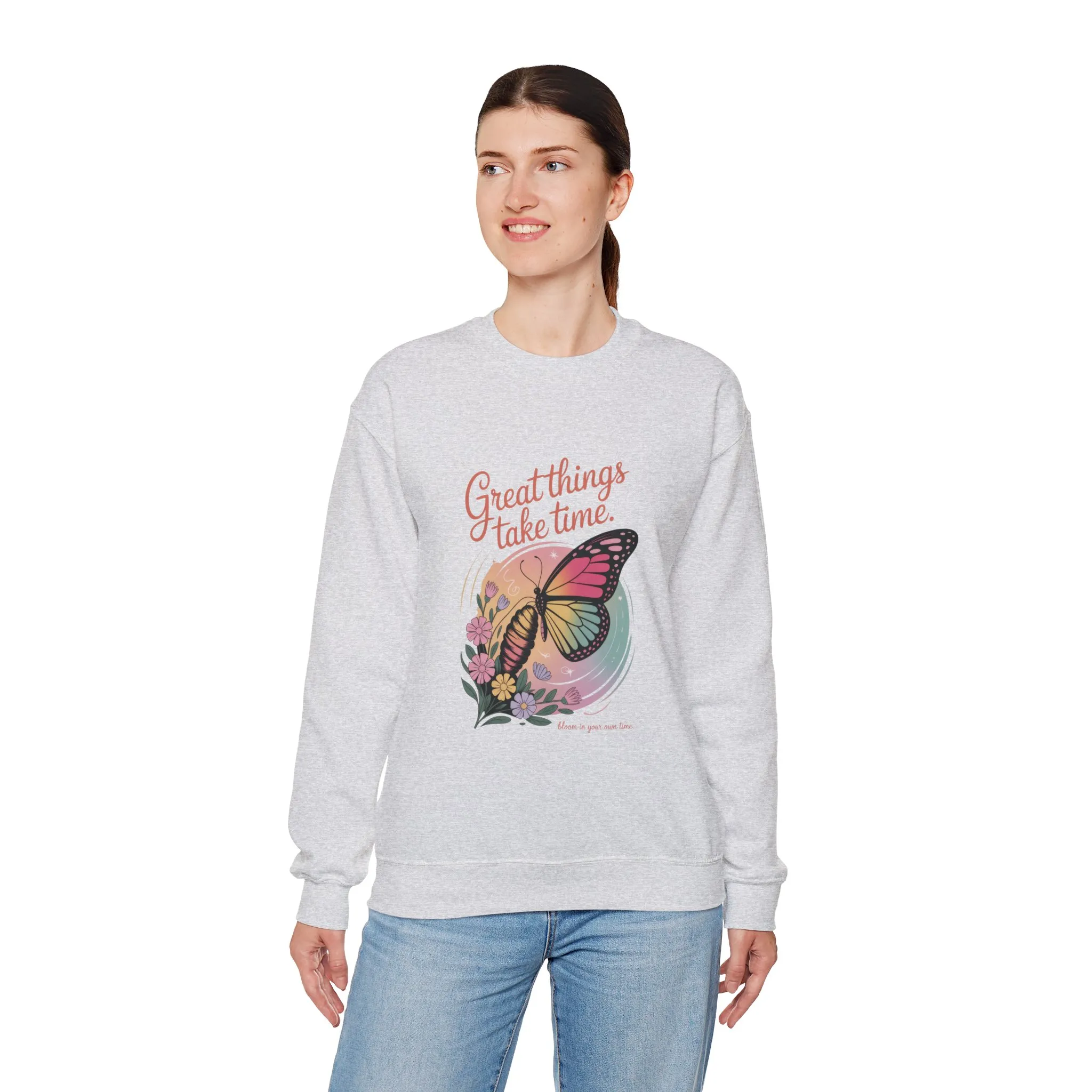 Inspirational Butterfly Sweatshirt - Great Things Take Time, Cozy Unisex Crewneck, Perfect Gift for Nature Lovers, Relaxed Style, [...] - Image 3