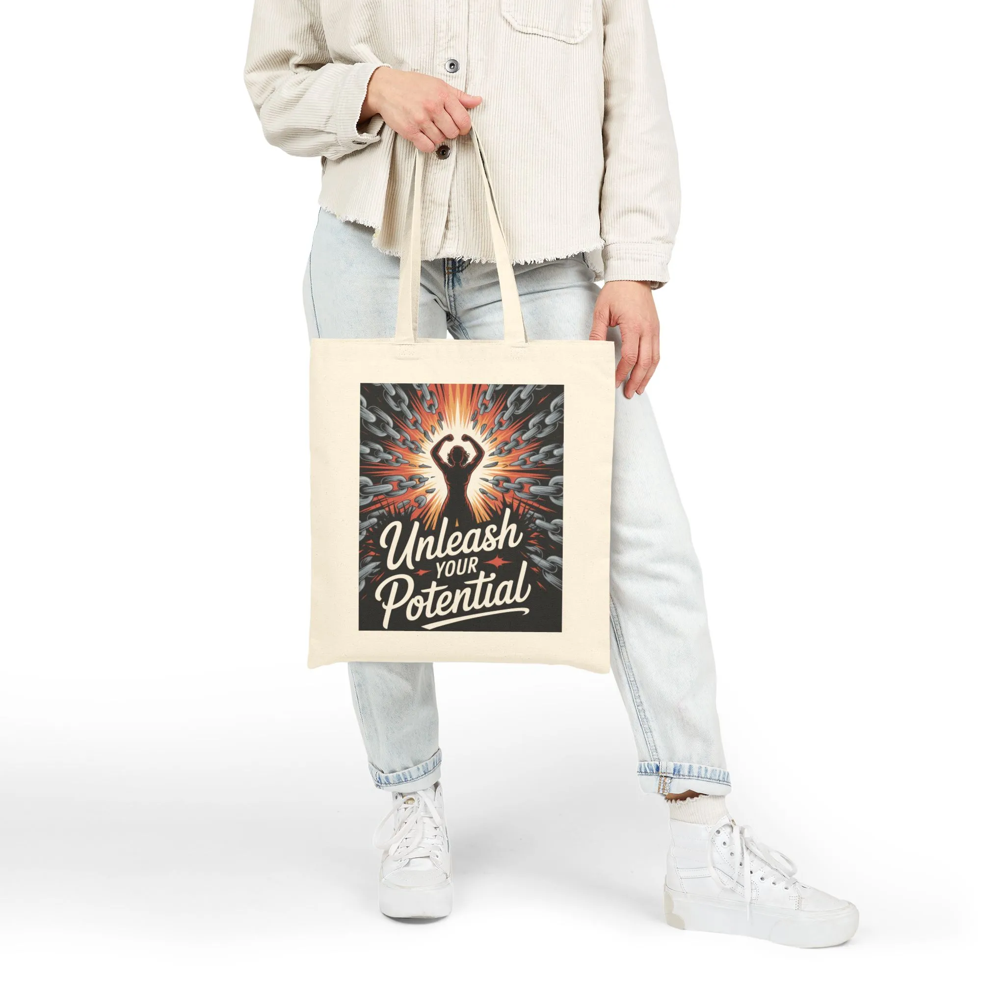 Unleash Your Potential Tote Bag, Motivational Empowerment Canvas Bag with Strong Woman & Chains Design, Fitness & Feminist Gift - Image 3